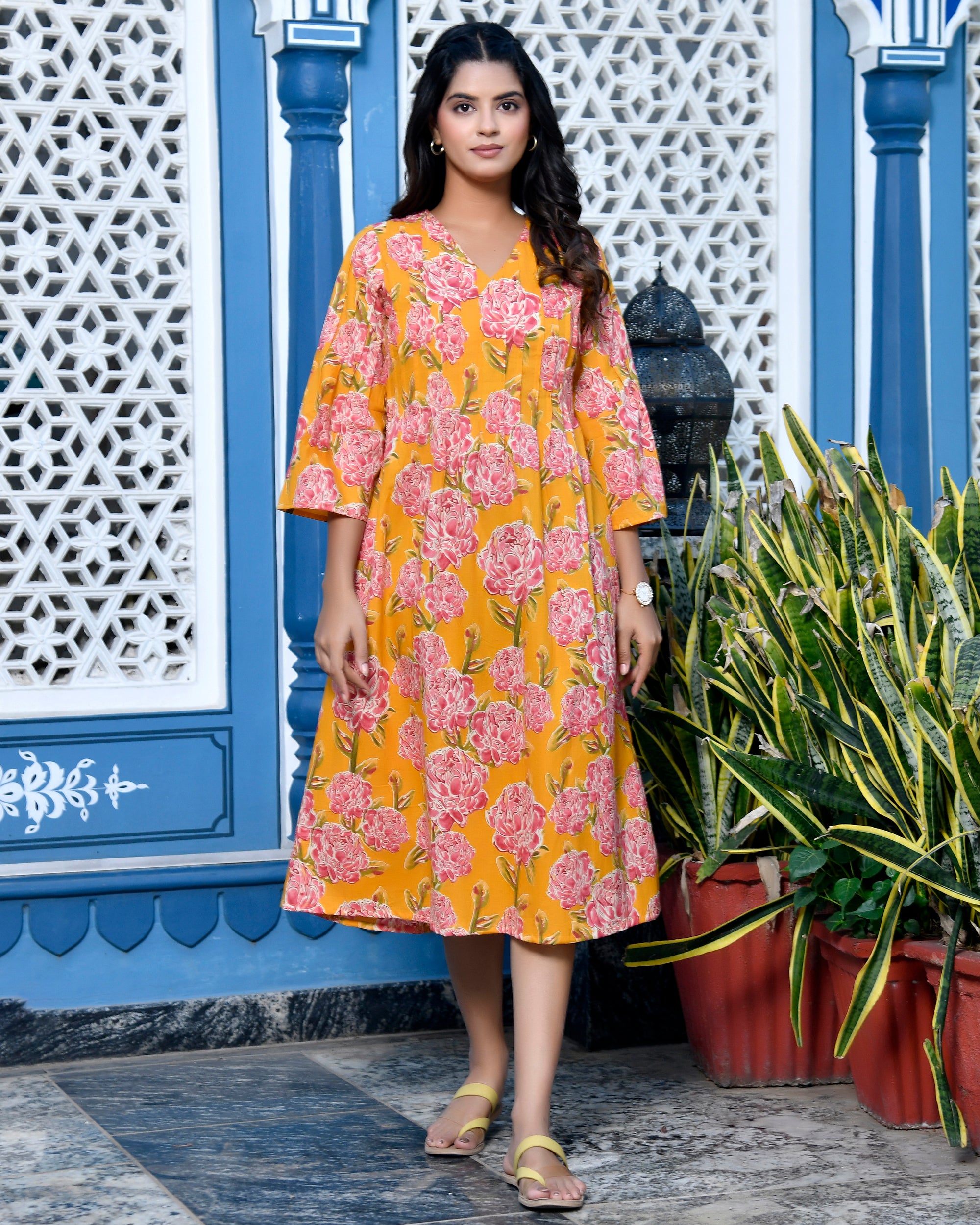 Yellow Floral Cotton Midi Dress | Block Print Flared Anarkali Kurti