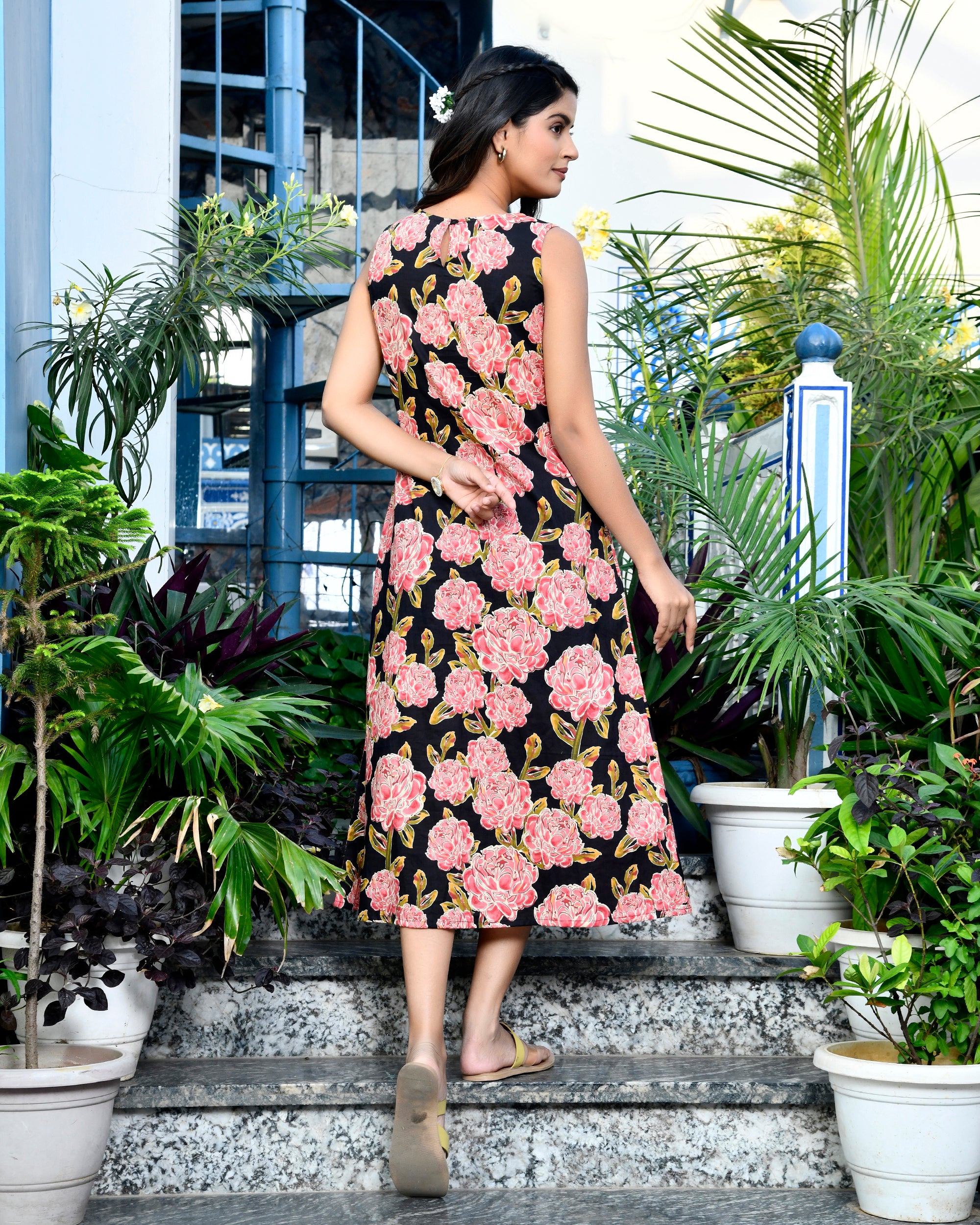 Black & Pink Floral Printed Cotton Midi Dress Sleeveless A-Line Tunic