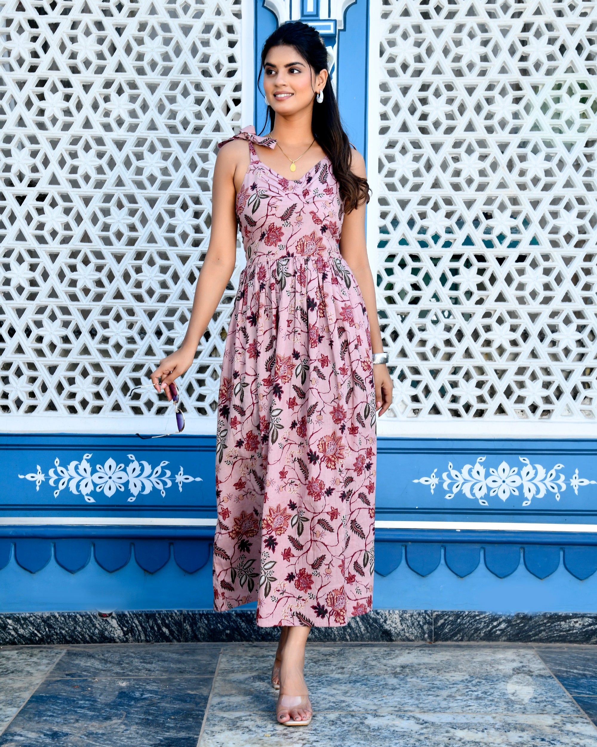 Mauve Floral Print Cotton Midi Sundress - Tie-Up Strap Summer Dress