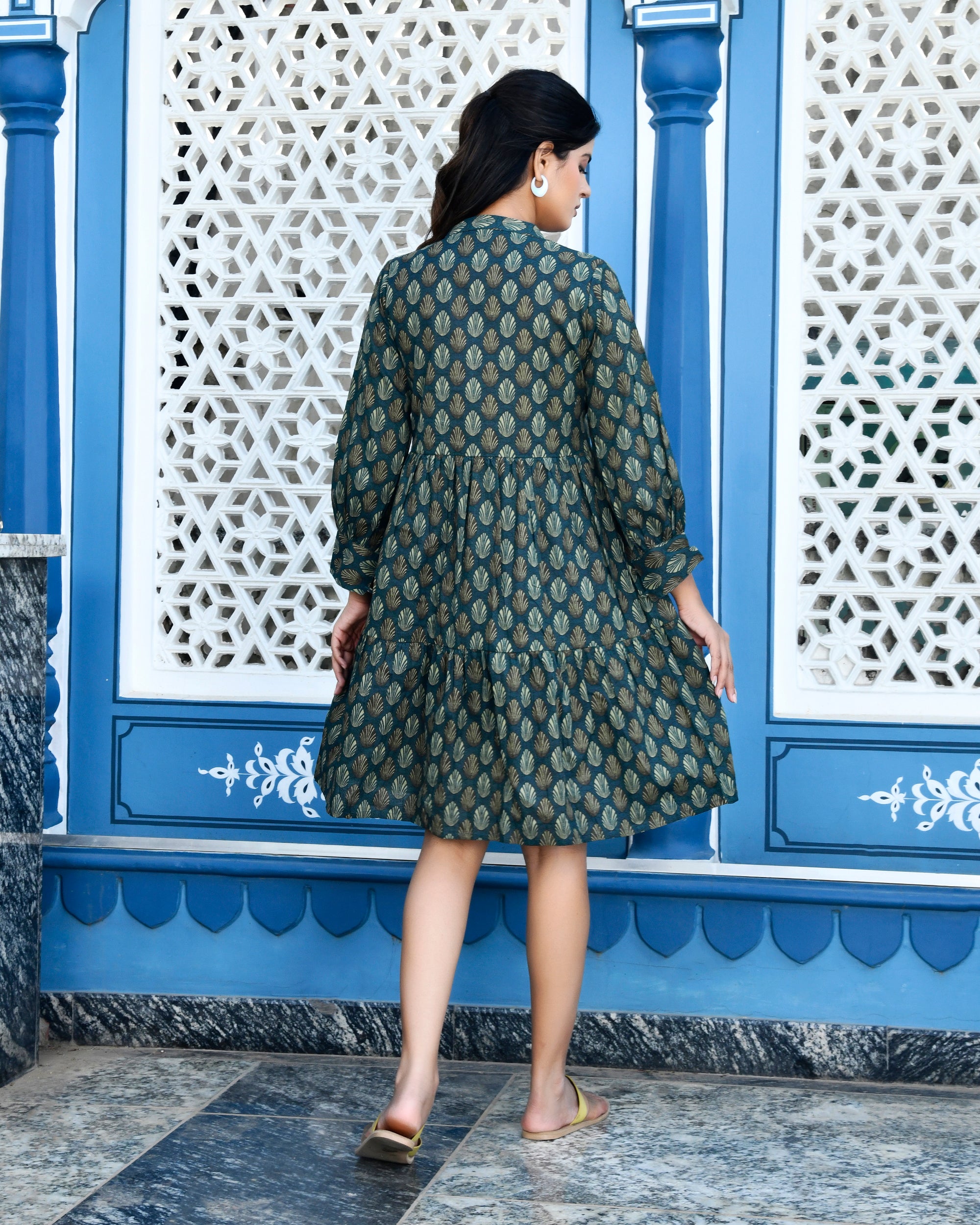 Teal Blue Leaf Print Cotton Tunic Dress - Mandarin Collar Day Wear