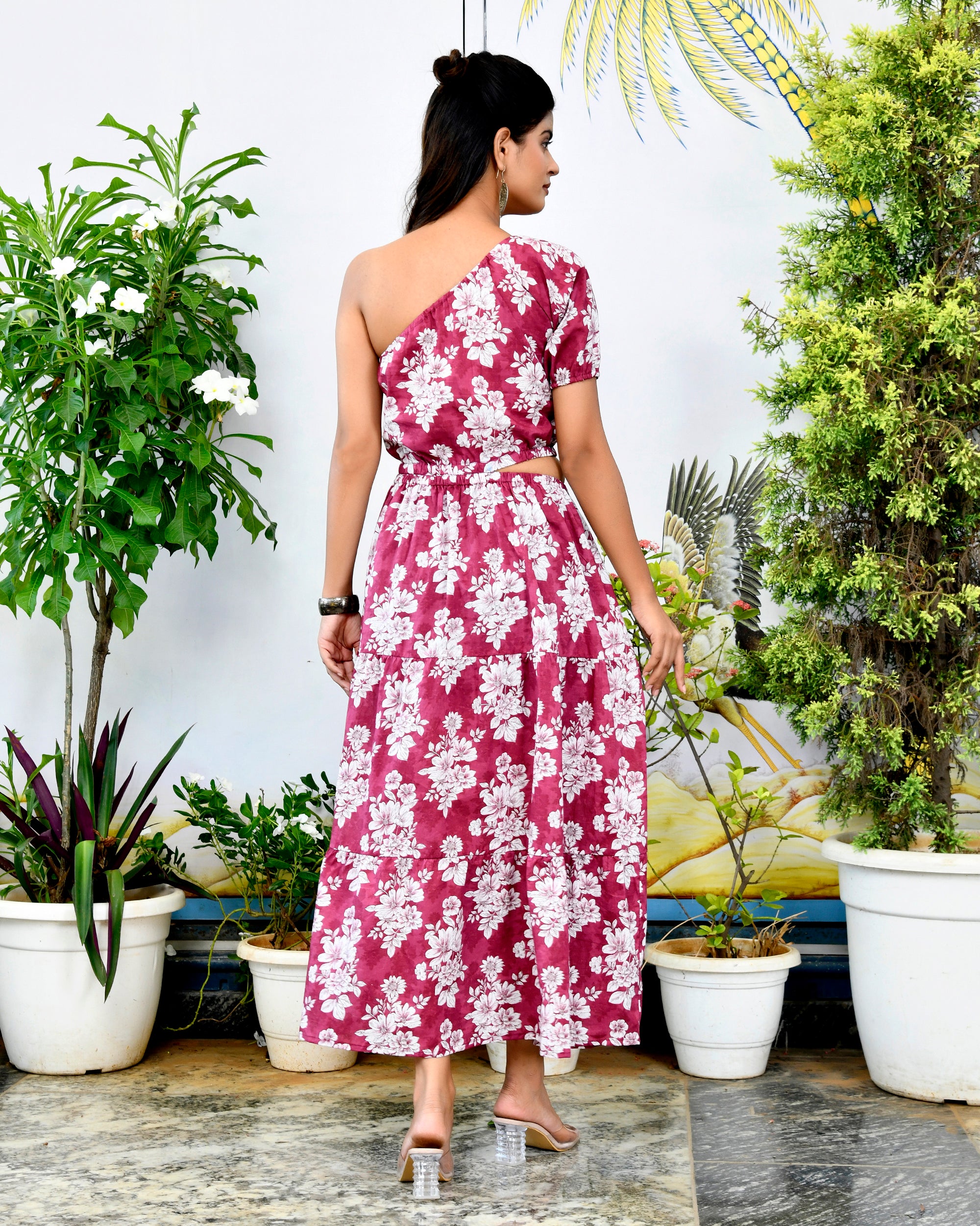 Wine Floral Print One-Shoulder Cutout Midi Dress - Cotton Maxi