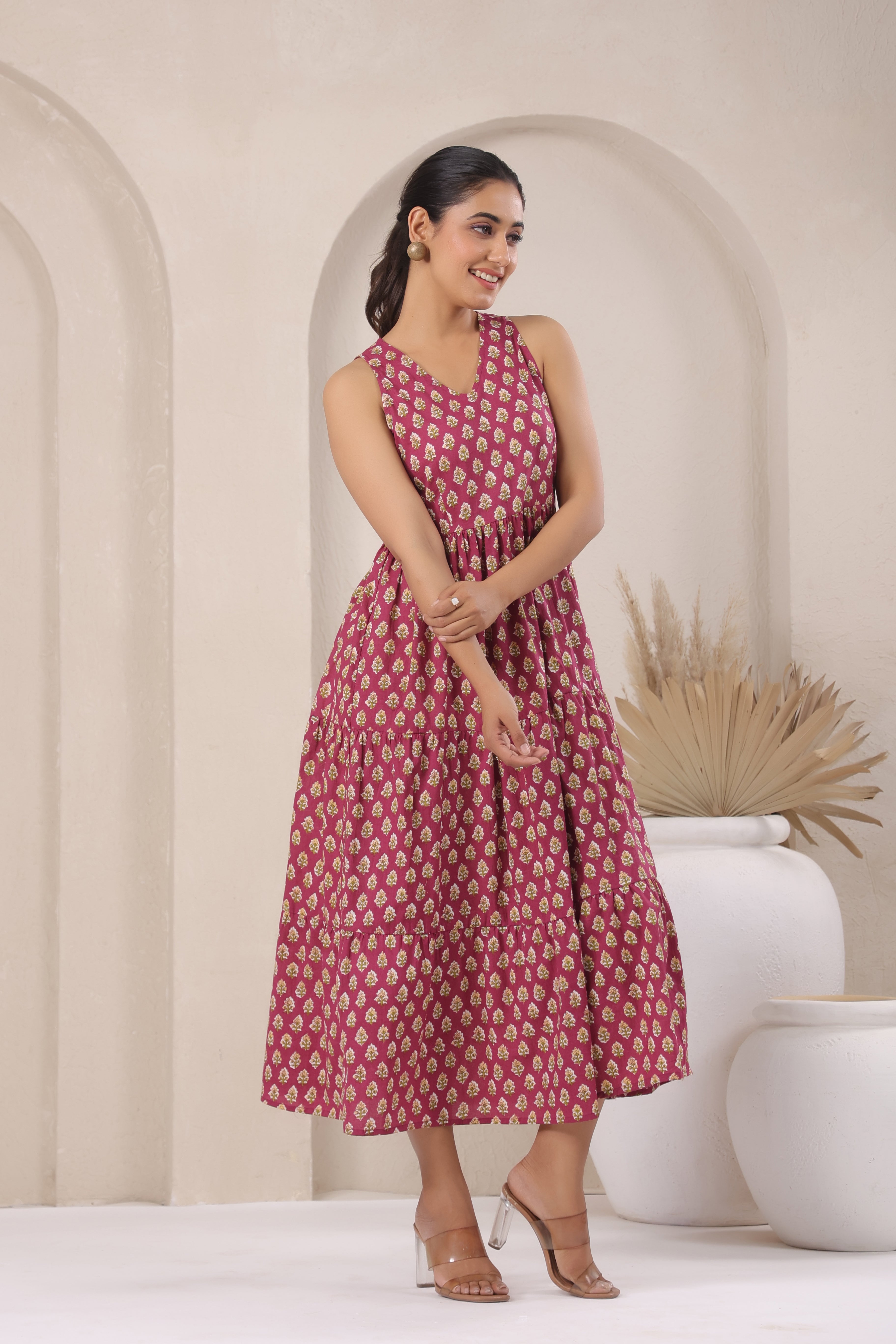 Wine & Gold Block Print A-Line Sleeveless Kurti