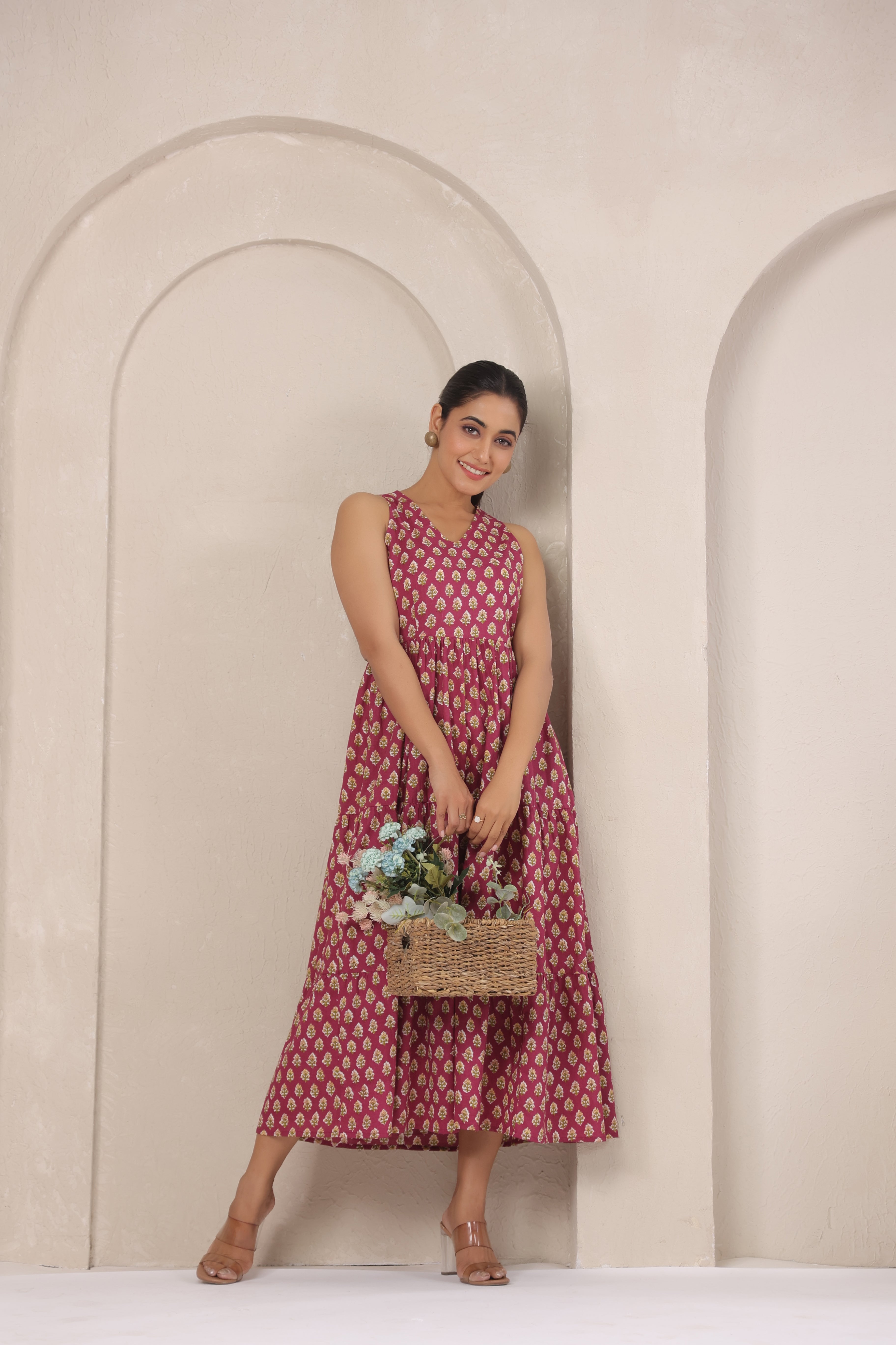 Wine & Gold Block Print A-Line Sleeveless Kurti