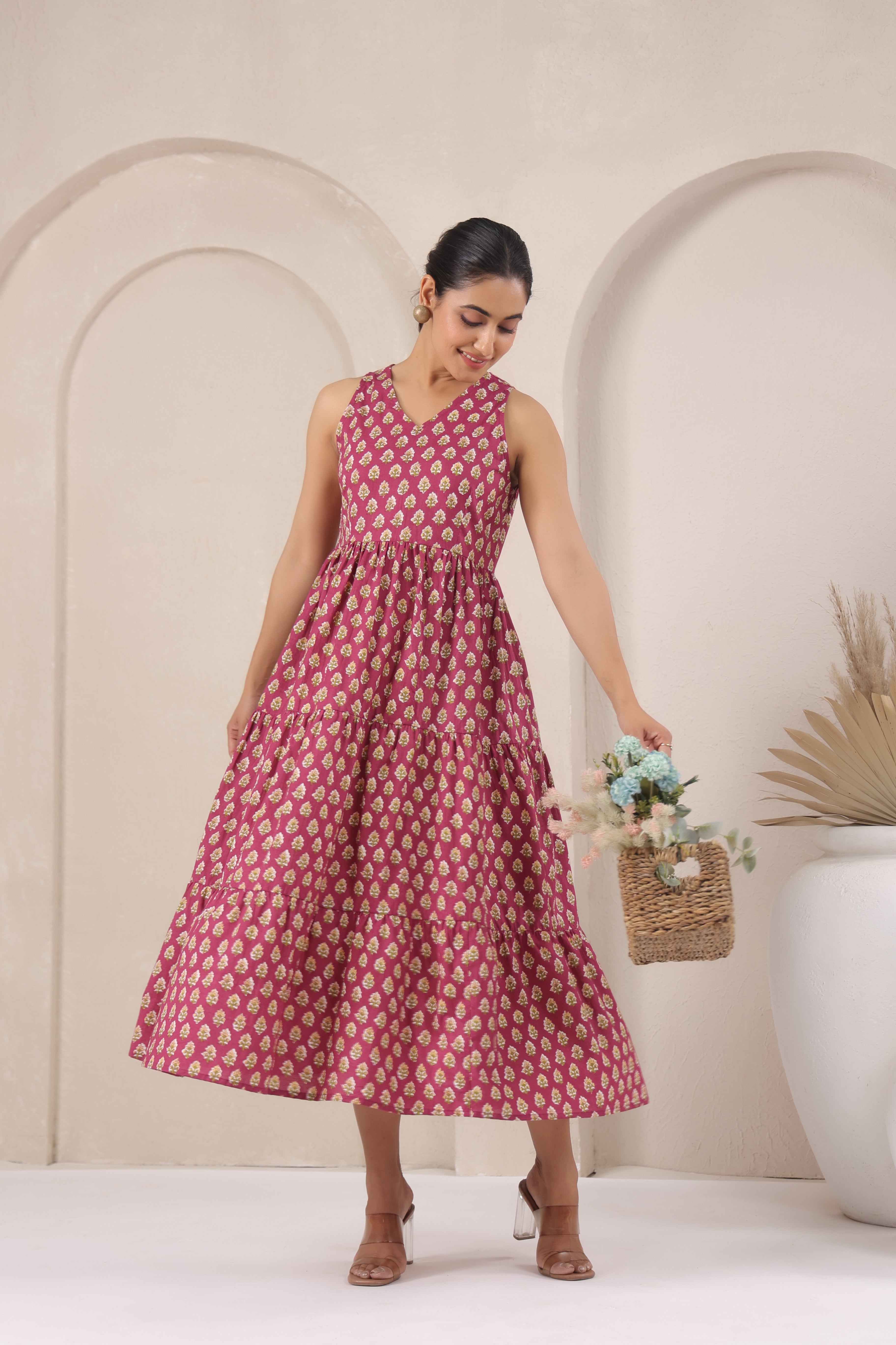 Wine & Gold Block Print A-Line Sleeveless Kurti