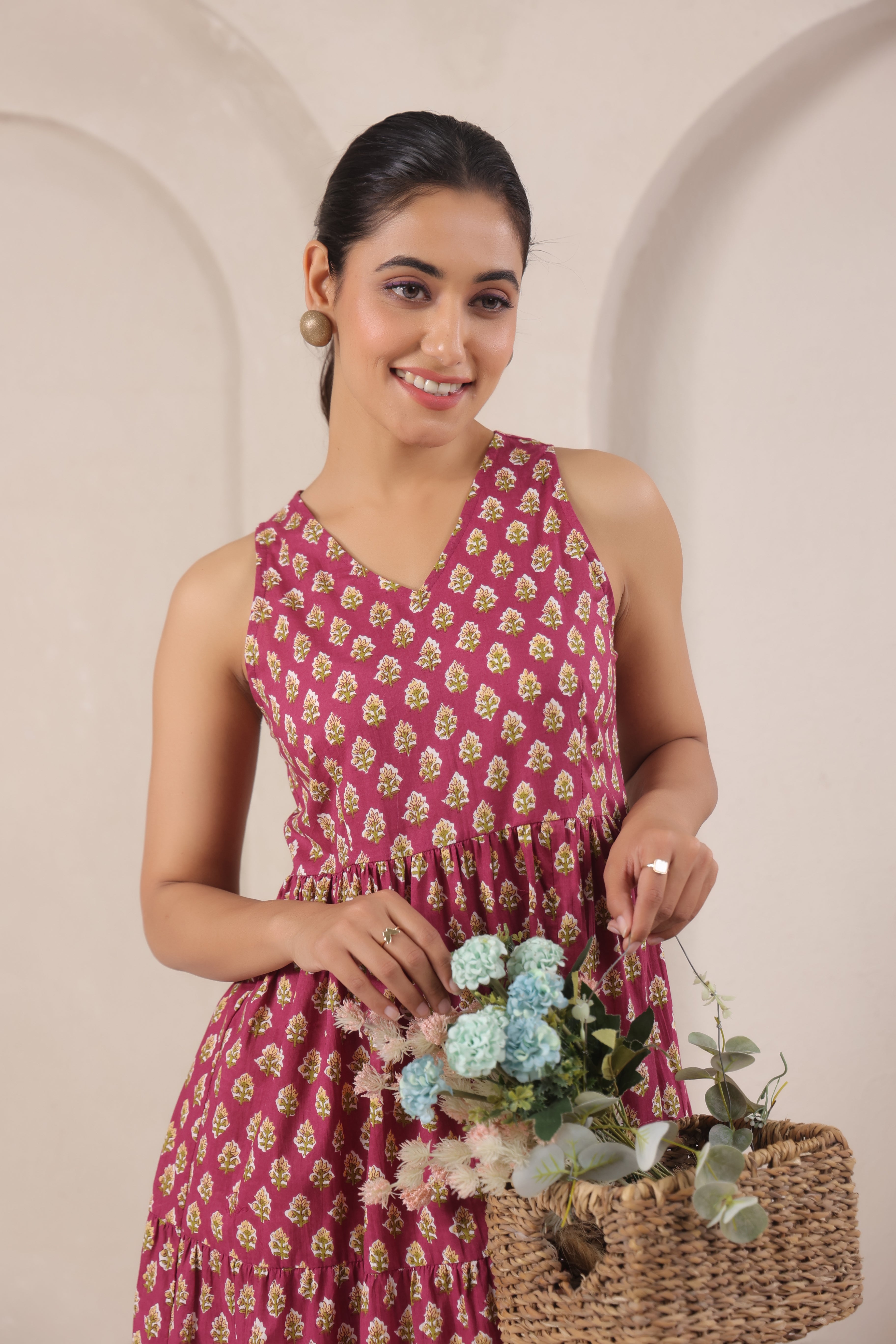Wine & Gold Block Print A-Line Sleeveless Kurti