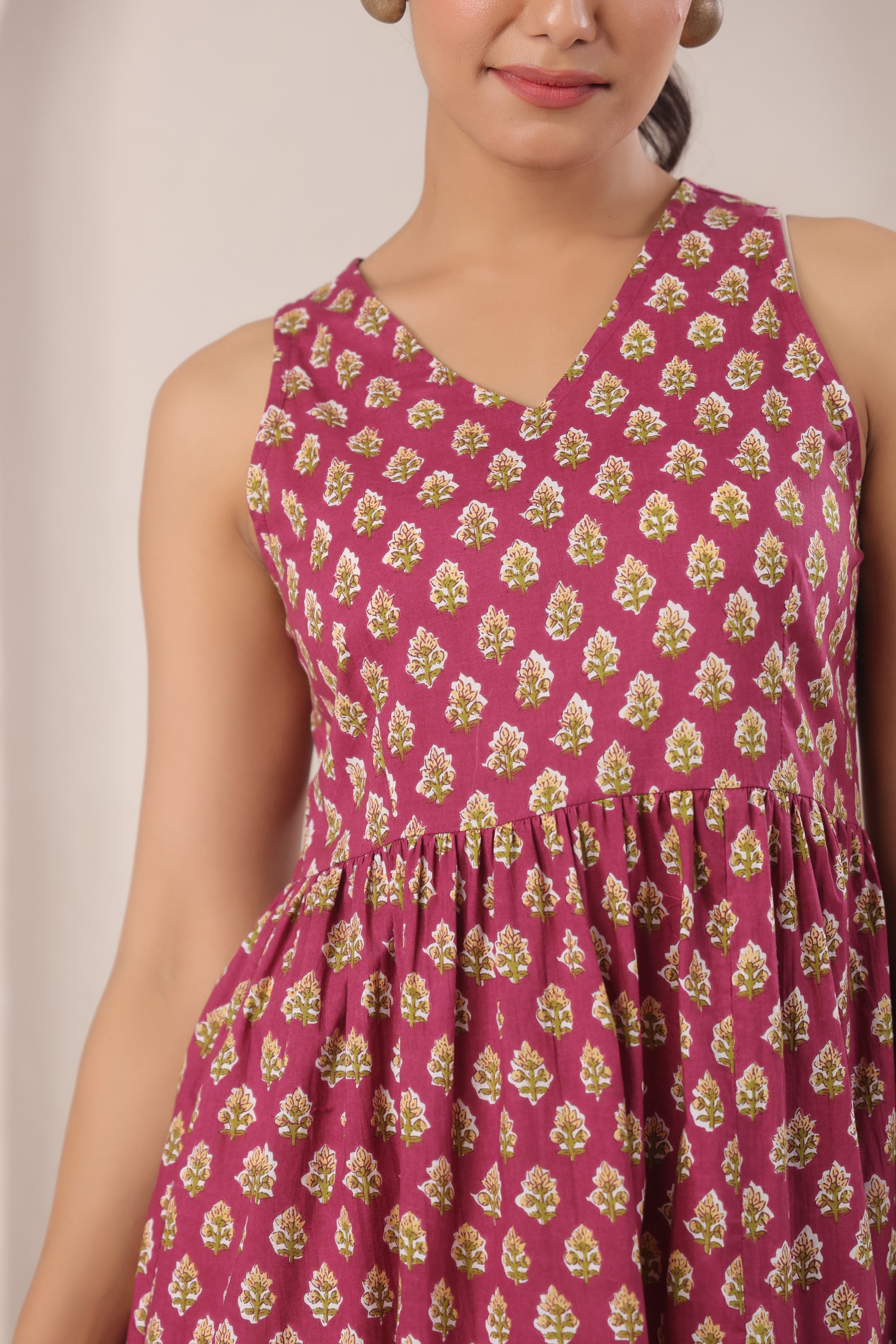 Wine & Gold Block Print A-Line Sleeveless Kurti