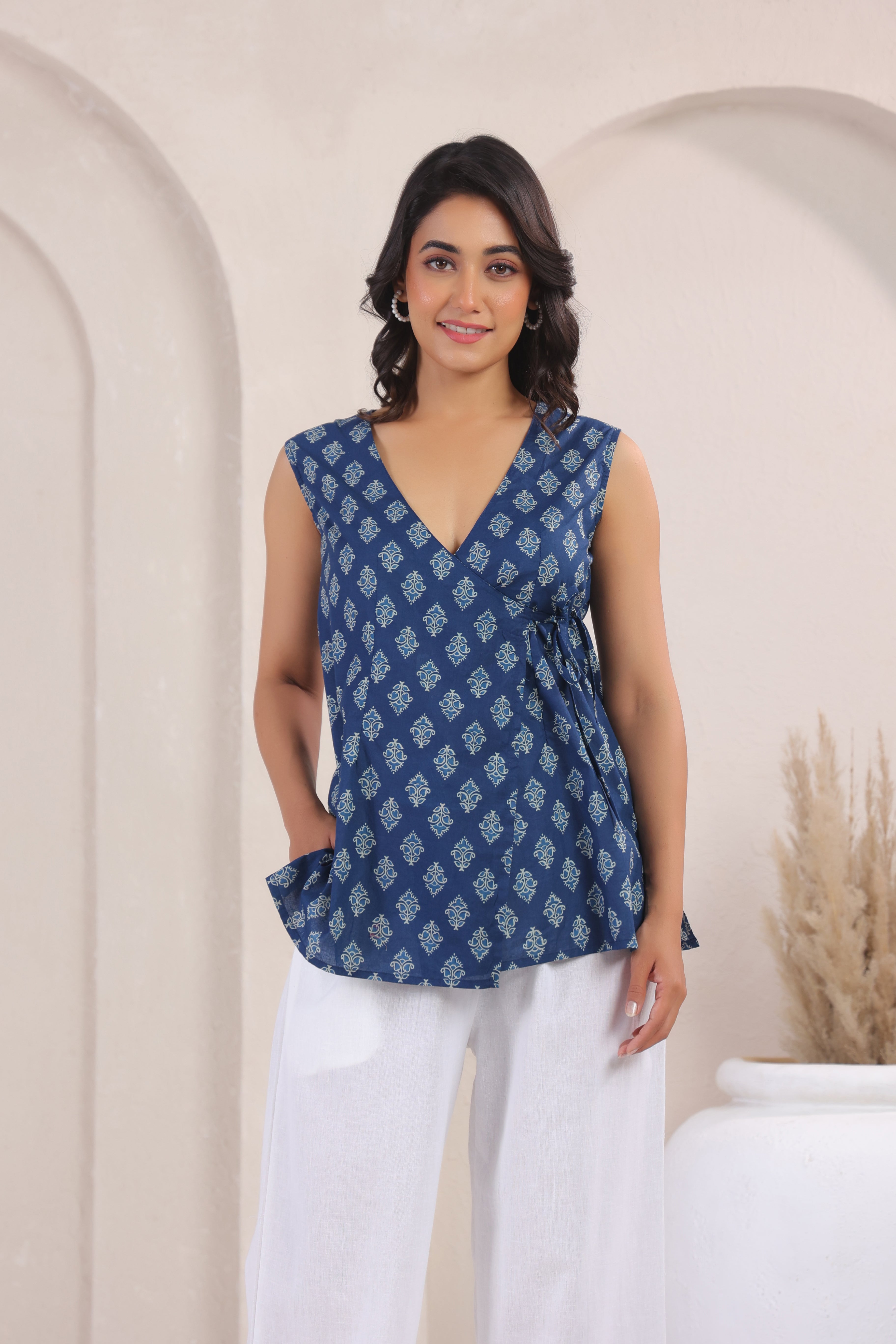 Indigo Block Print Cotton Angrakha Wrap Top
