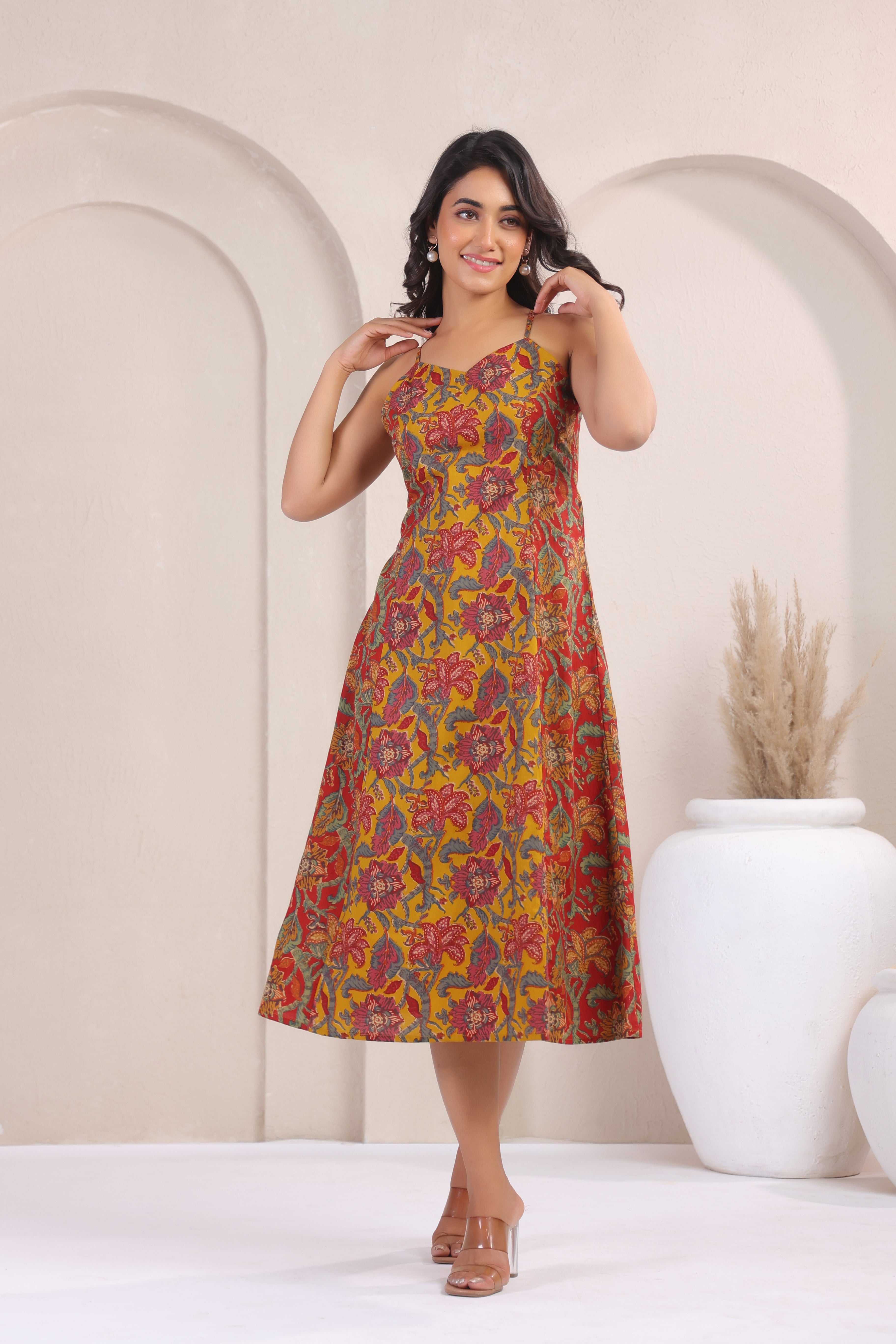 Mustard Floral Print Sleeveless A-Line Kurti