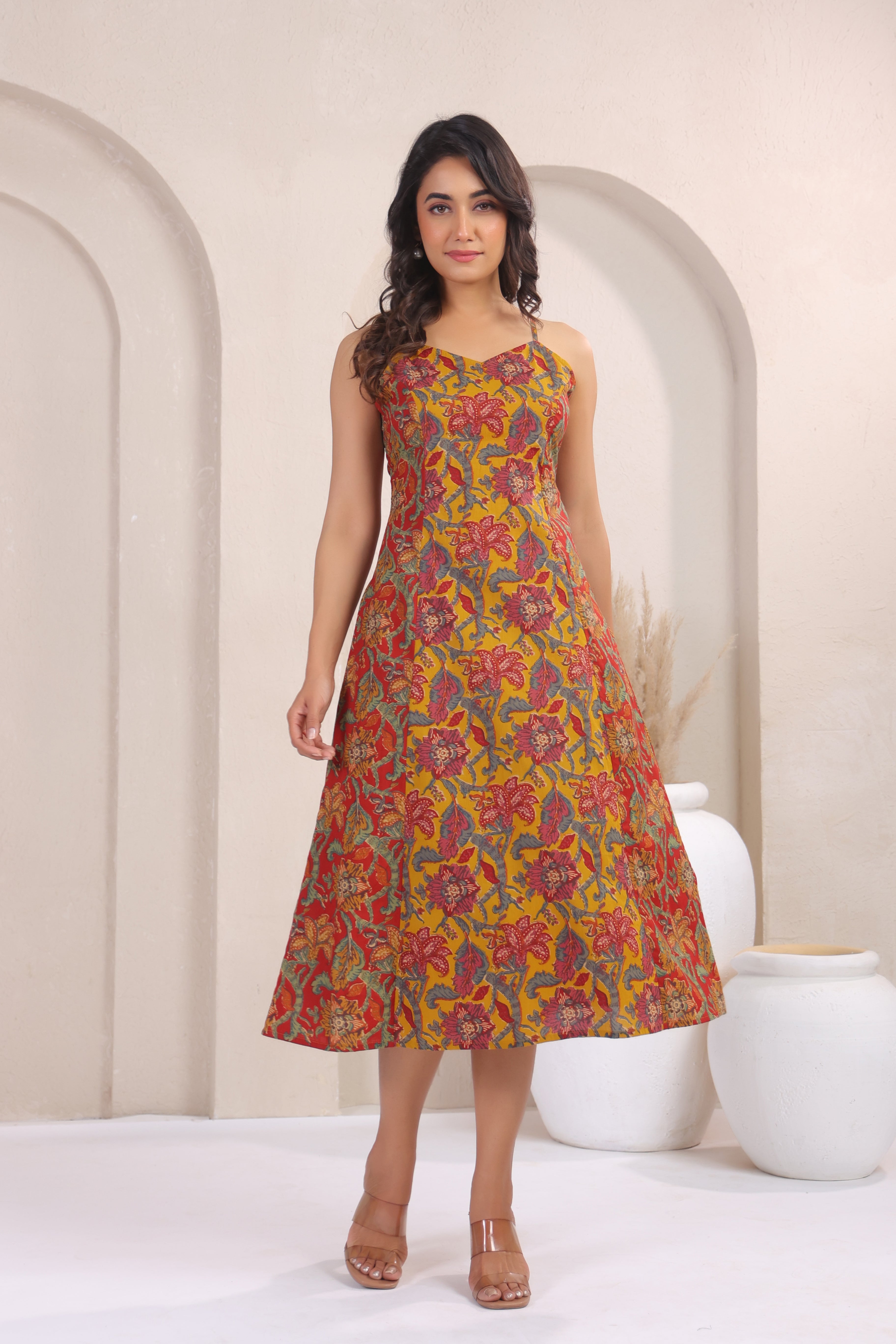 Mustard Floral Print Sleeveless A-Line Kurti