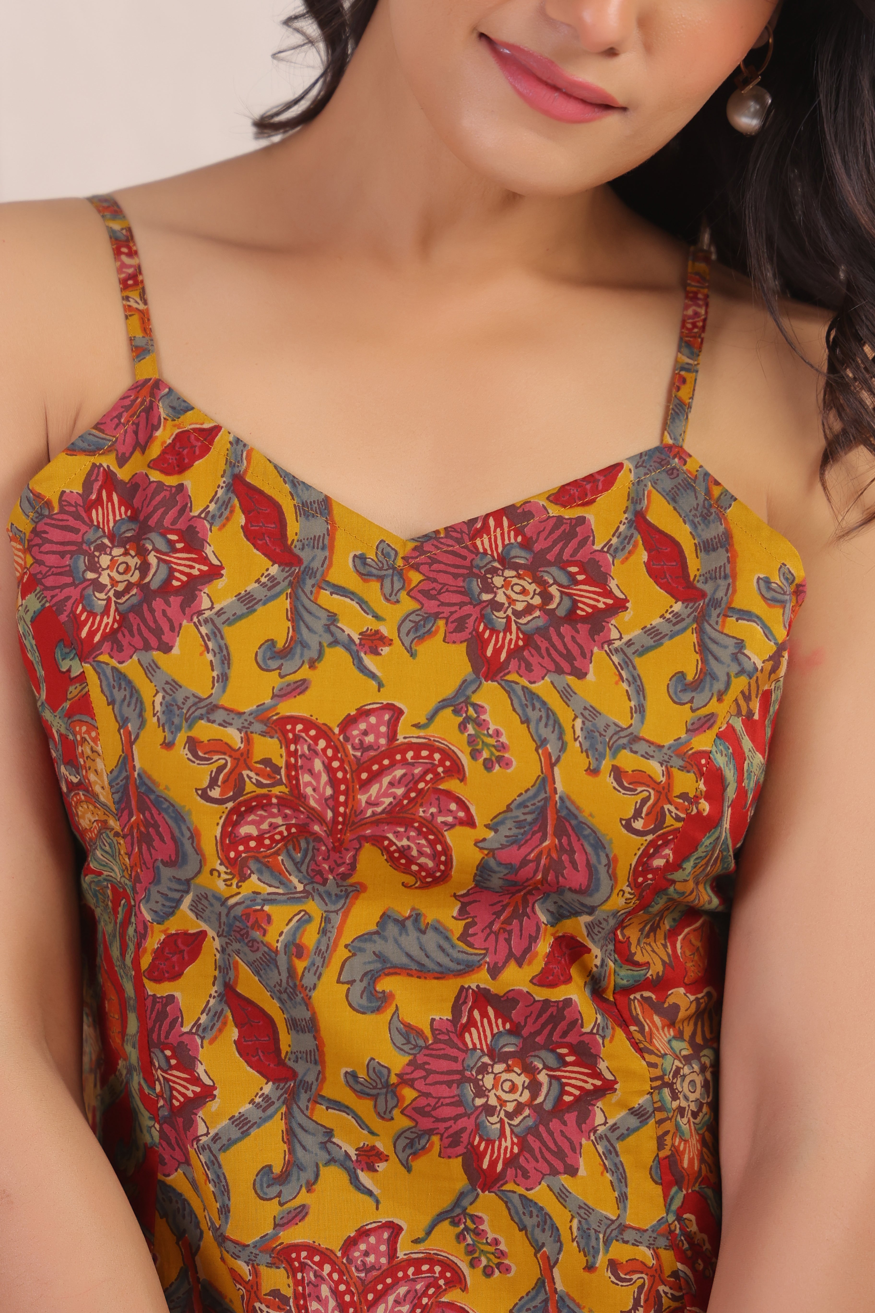 Mustard Floral Print Sleeveless A-Line Kurti
