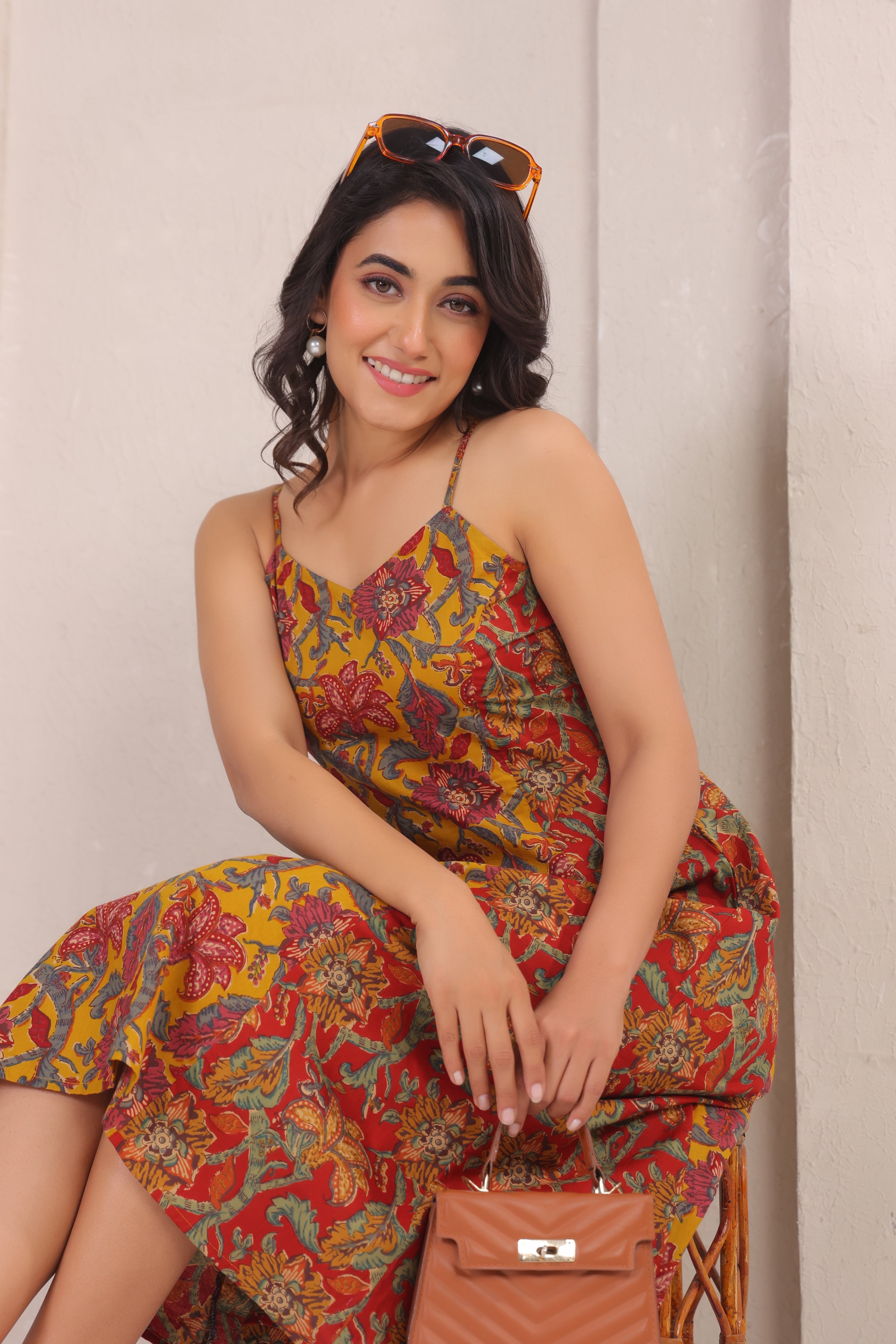 Mustard Floral Print Sleeveless A-Line Kurti