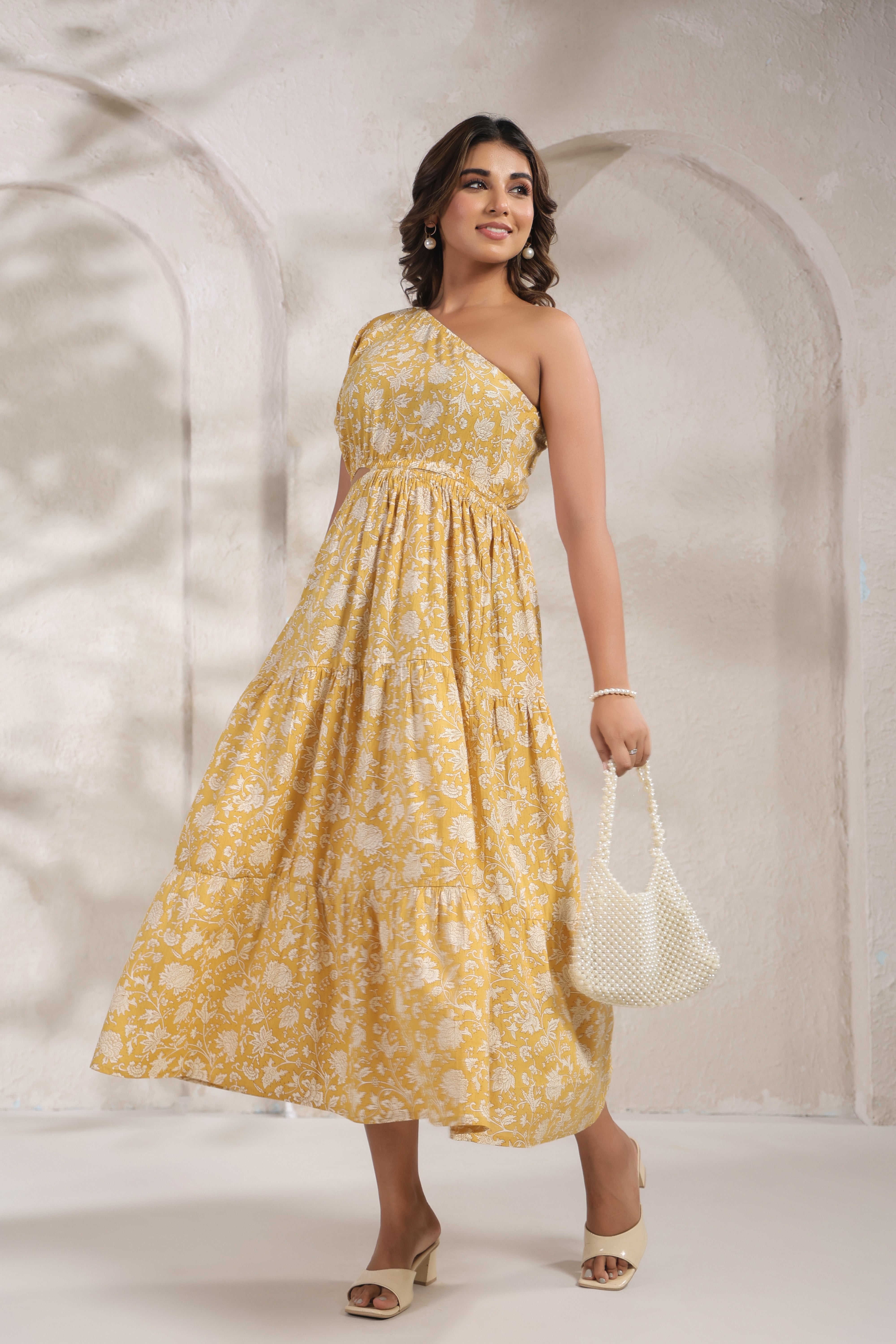 Mustard Yellow One-Shoulder A-Line Kurti