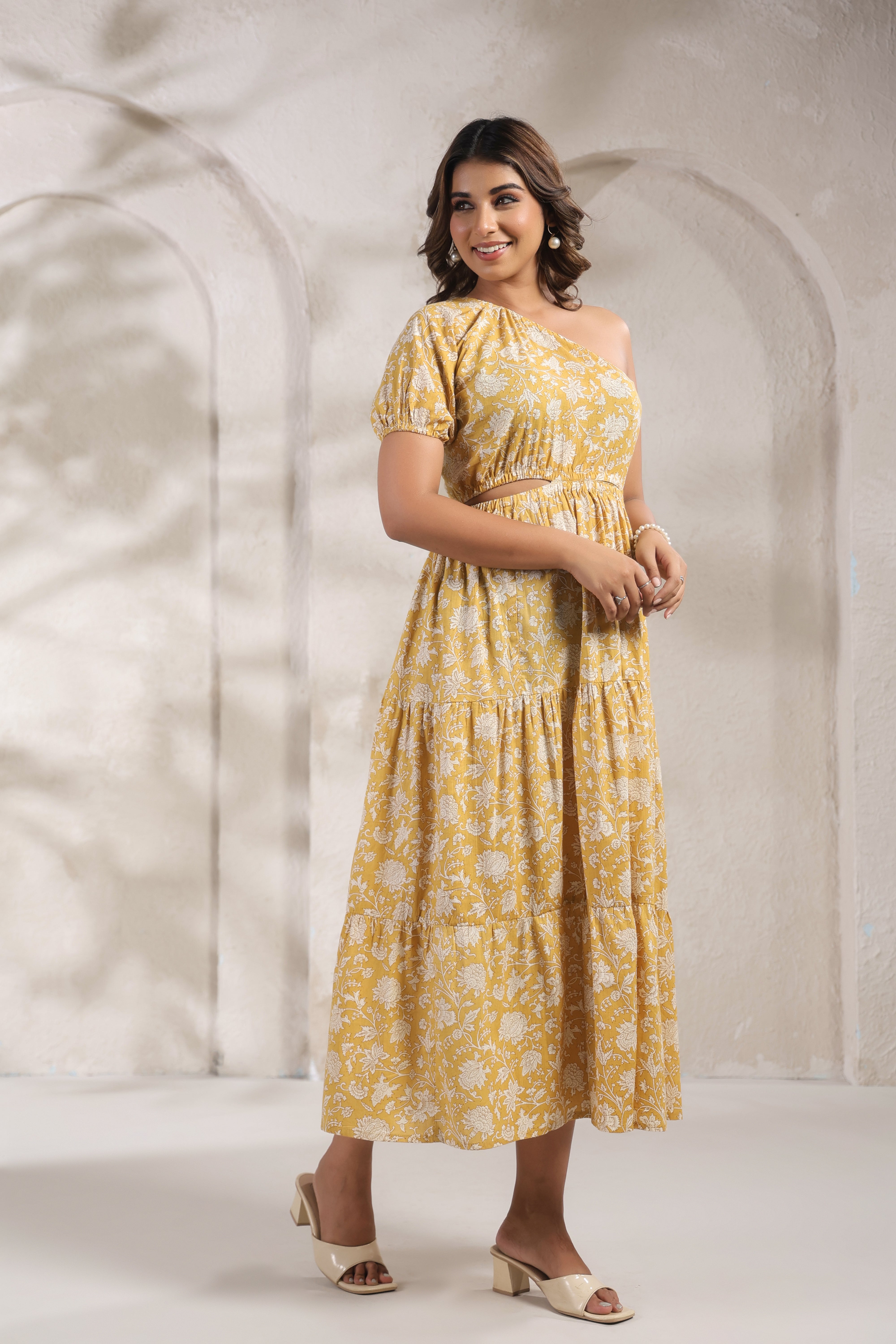 Mustard Yellow One-Shoulder A-Line Kurti