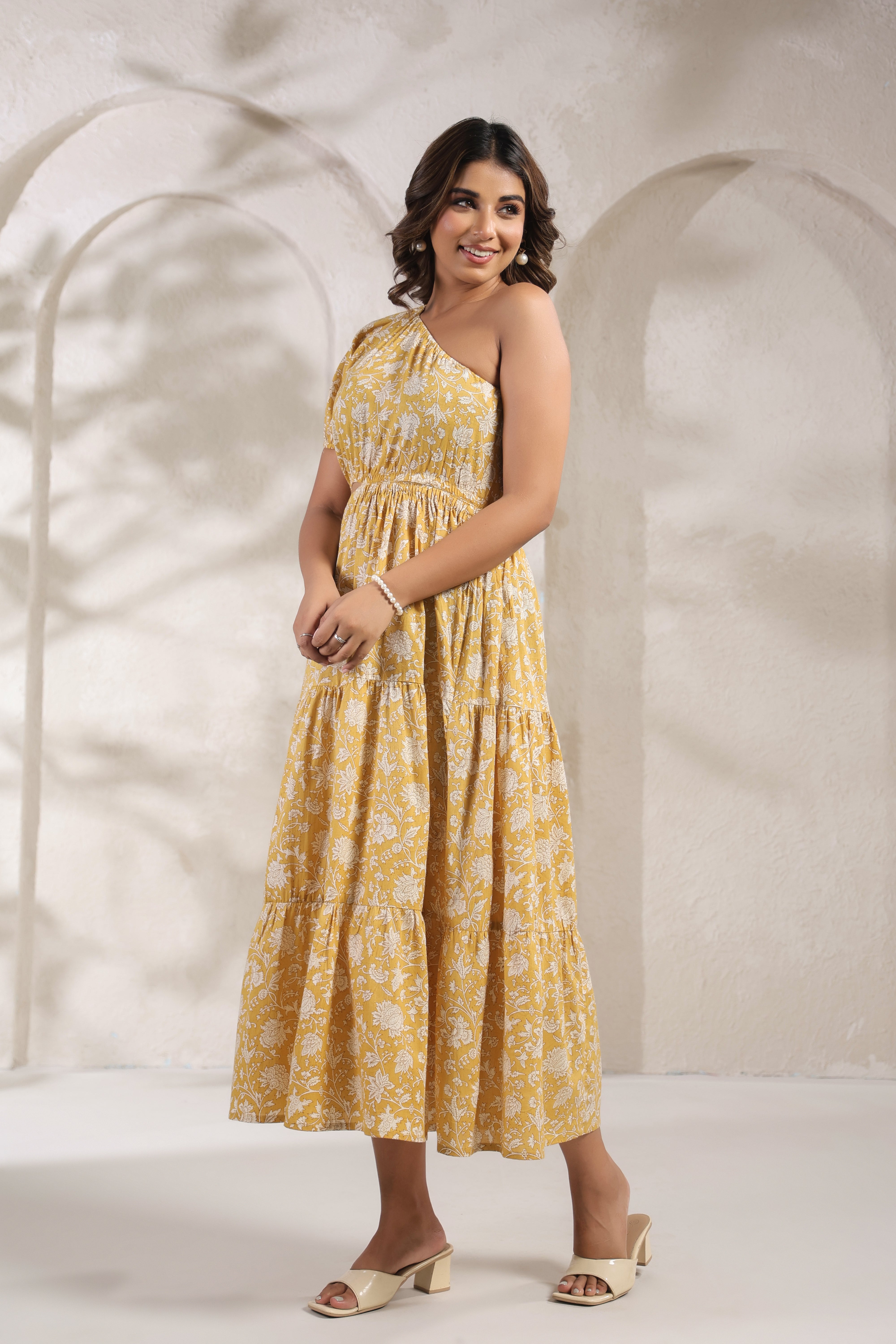 Mustard Yellow One-Shoulder A-Line Kurti