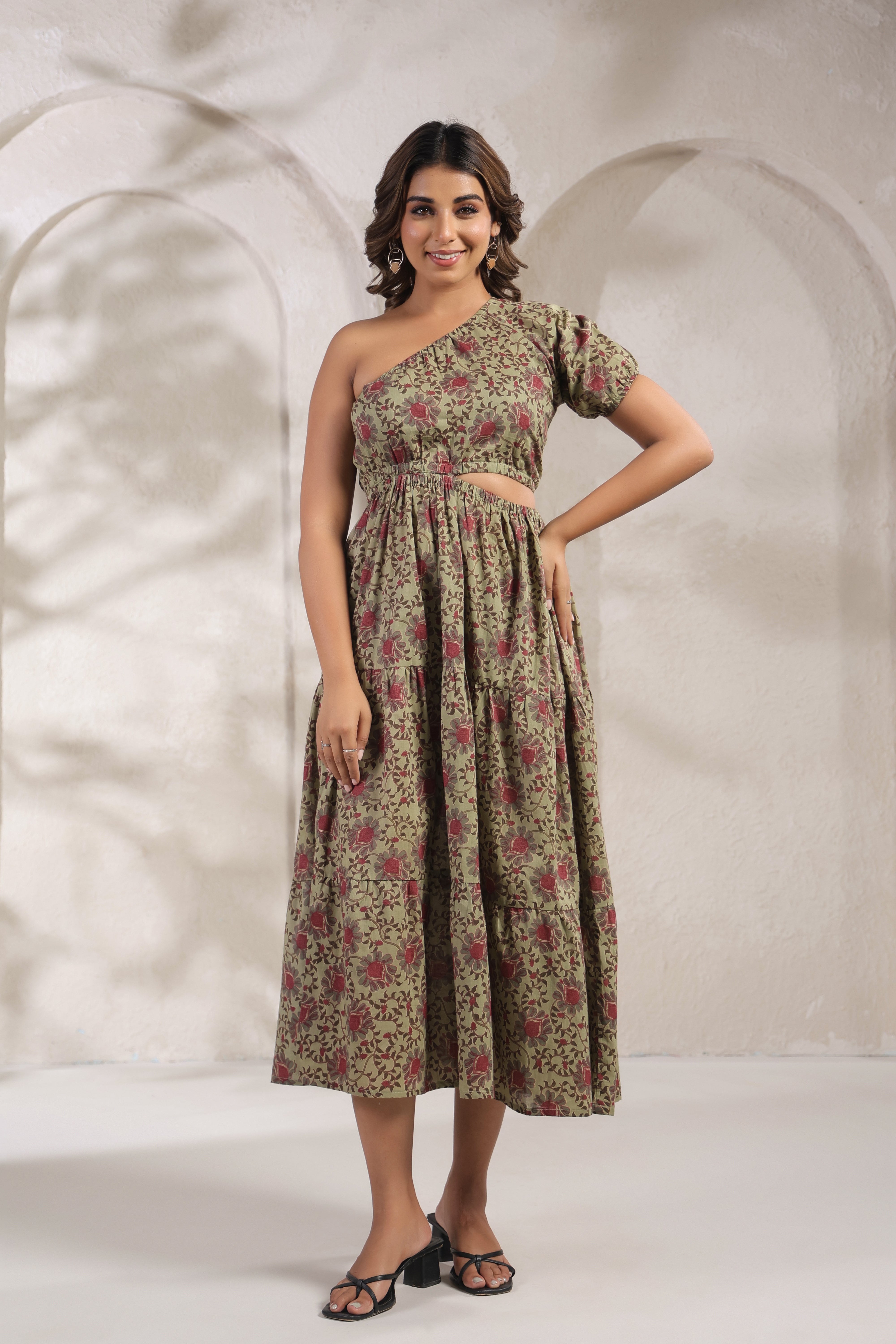 Olive Green One-Shoulder Floral A-Line Kurti