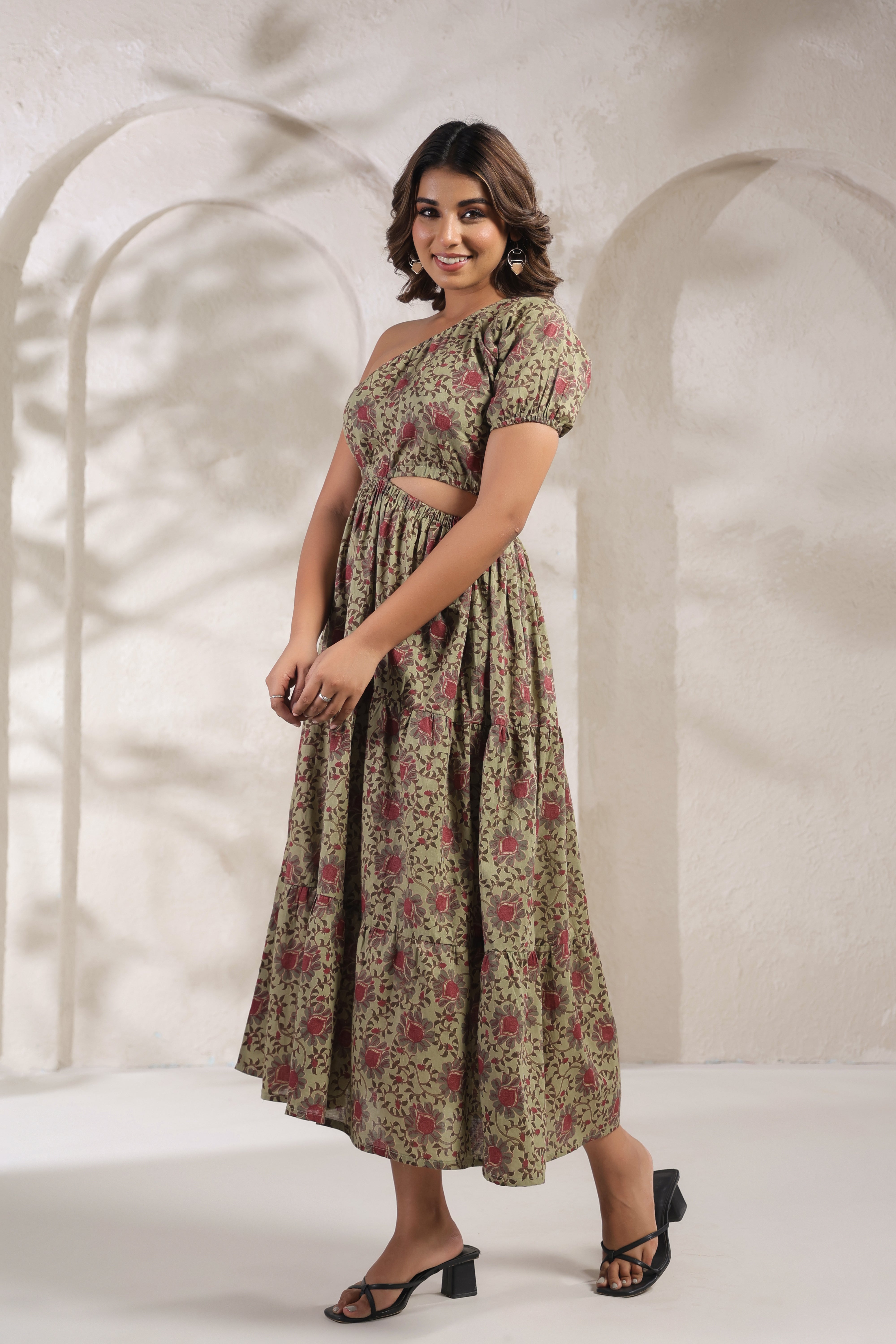 Olive Green One-Shoulder Floral A-Line Kurti