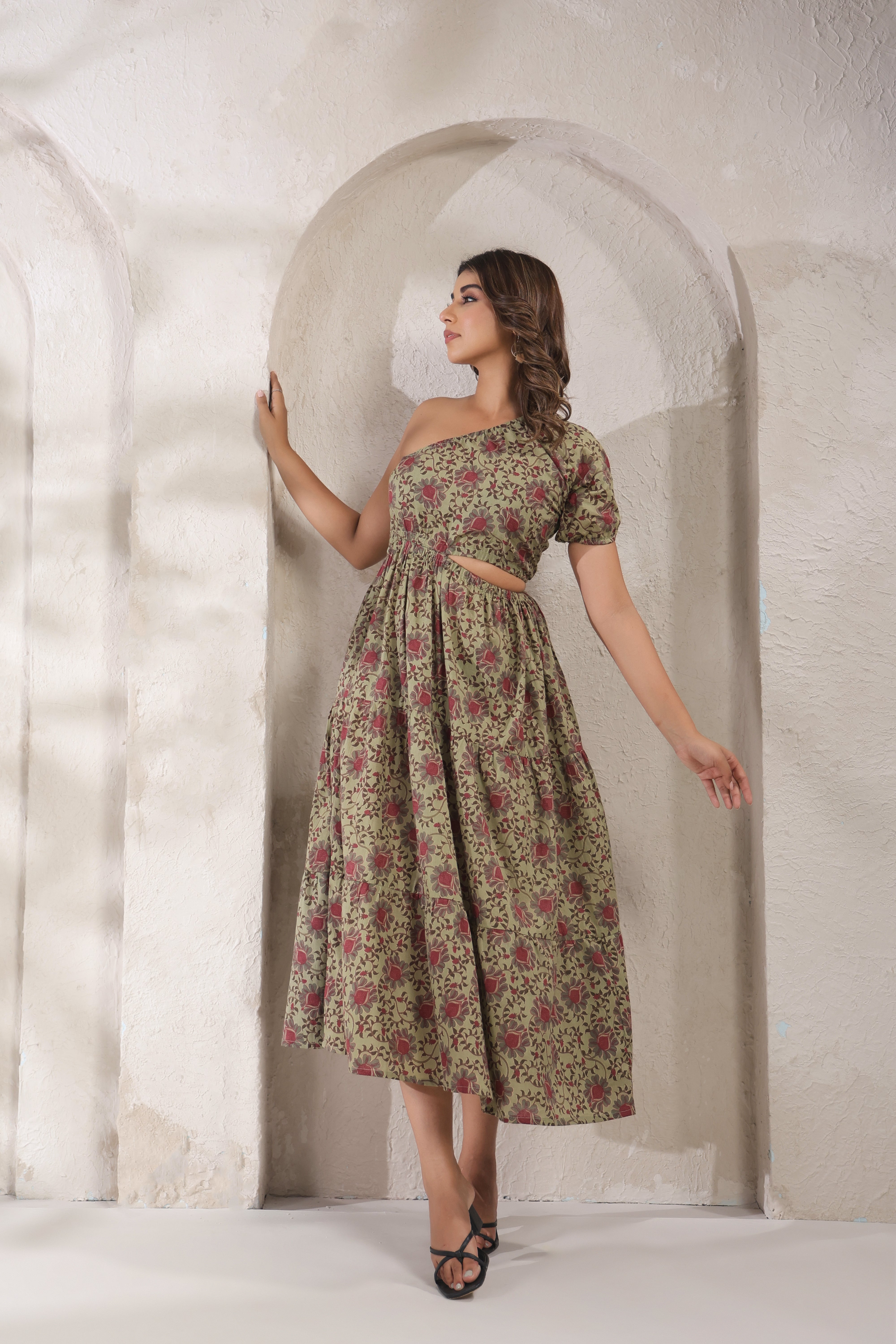 Olive Green One-Shoulder Floral A-Line Kurti