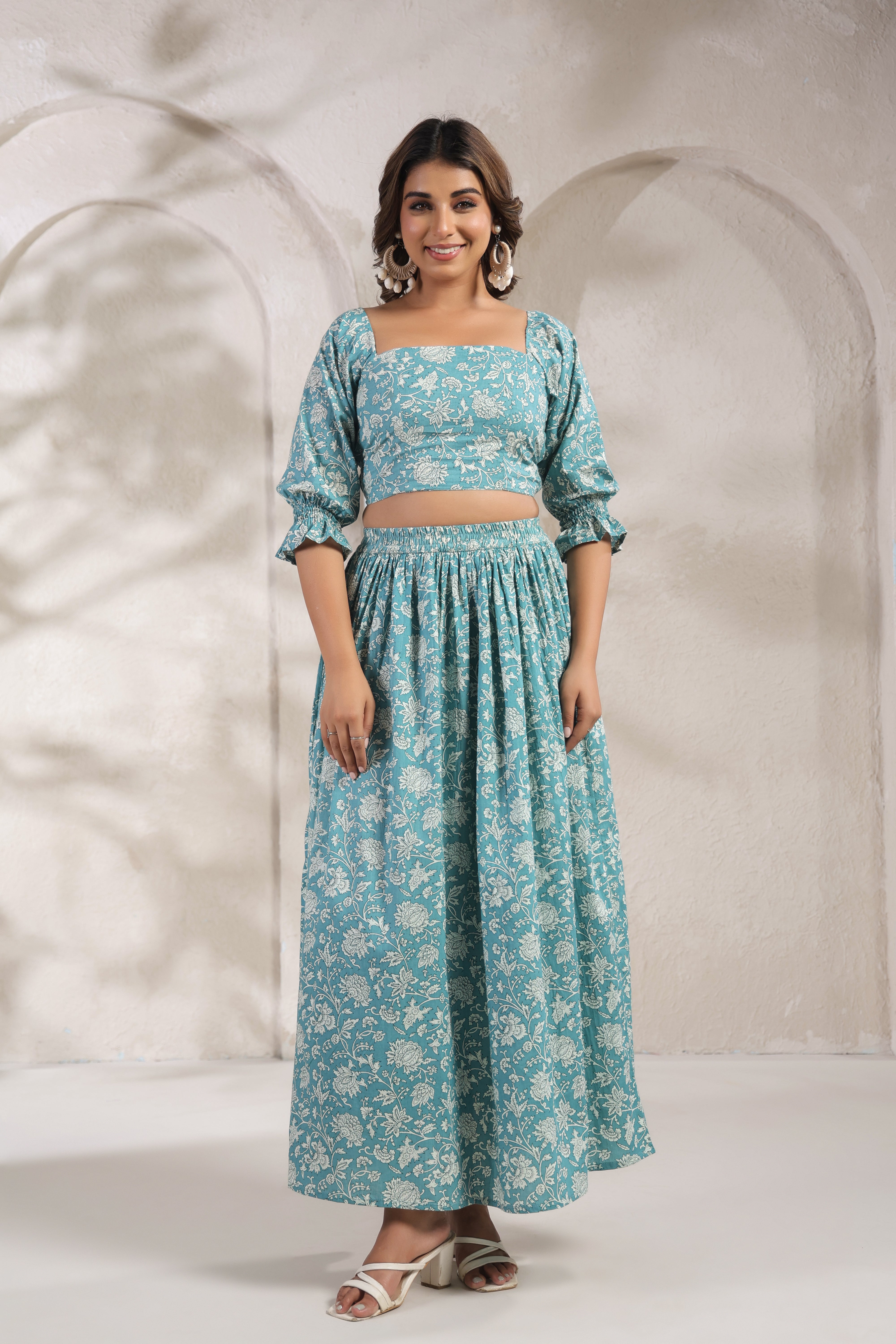 Teal Floral Printed Cotton Crop Top & Skirt Set