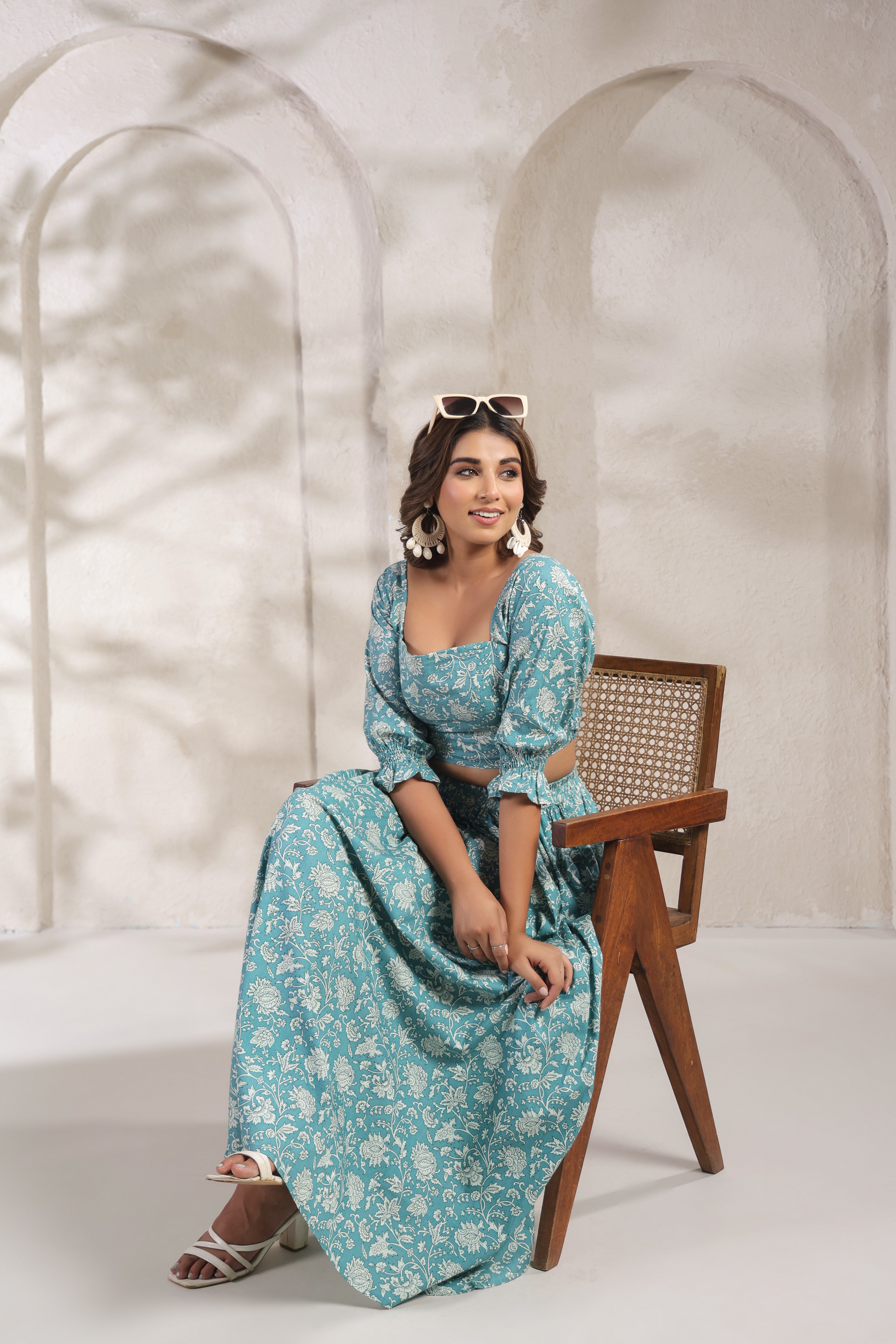 Teal Floral Printed Cotton Crop Top & Skirt Set