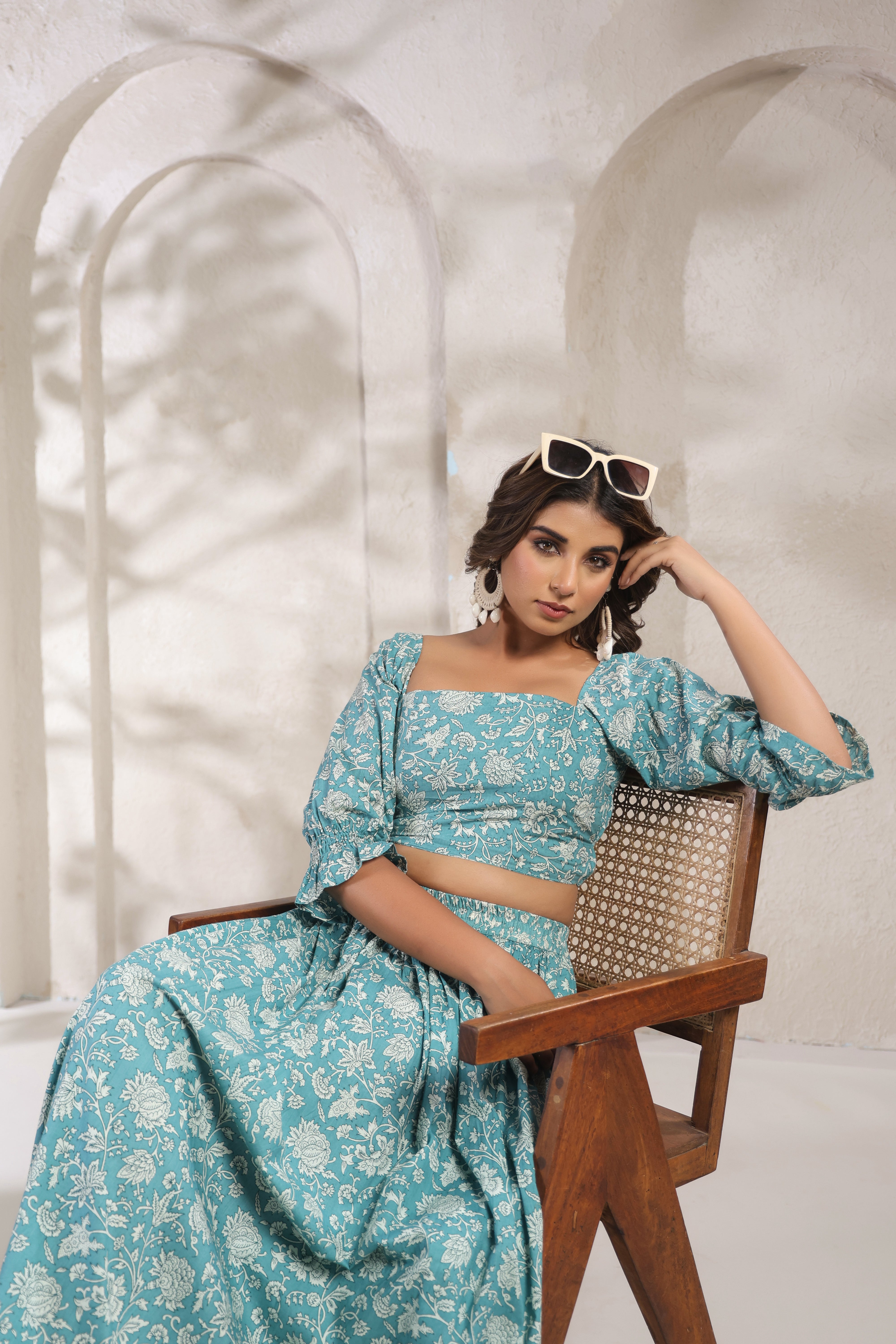 Teal Floral Printed Cotton Crop Top & Skirt Set