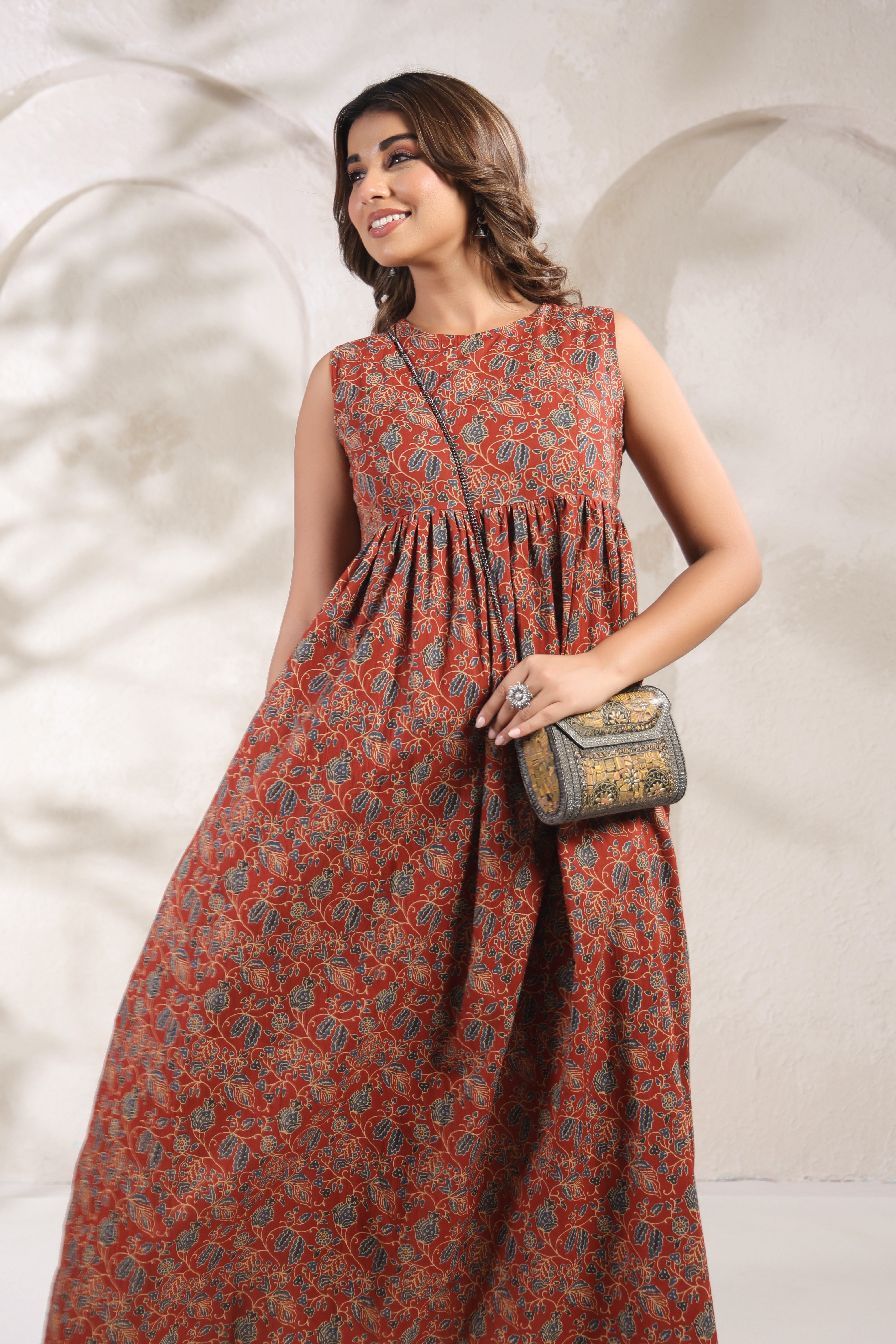 Maroon Floral Printed Sleeveless Cotton Kurti