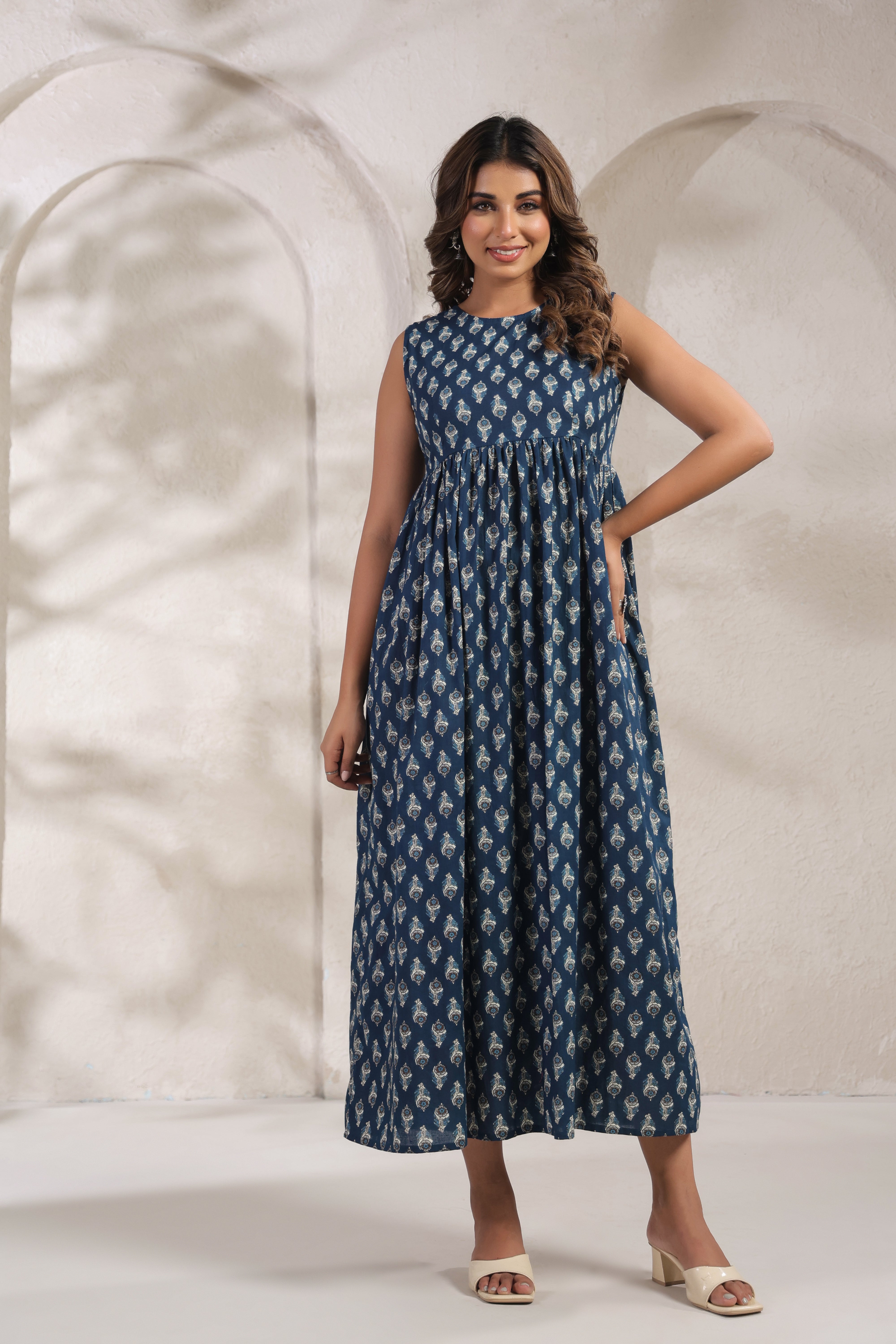 Indigo Blue Printed Cotton Sleeveless Kurti