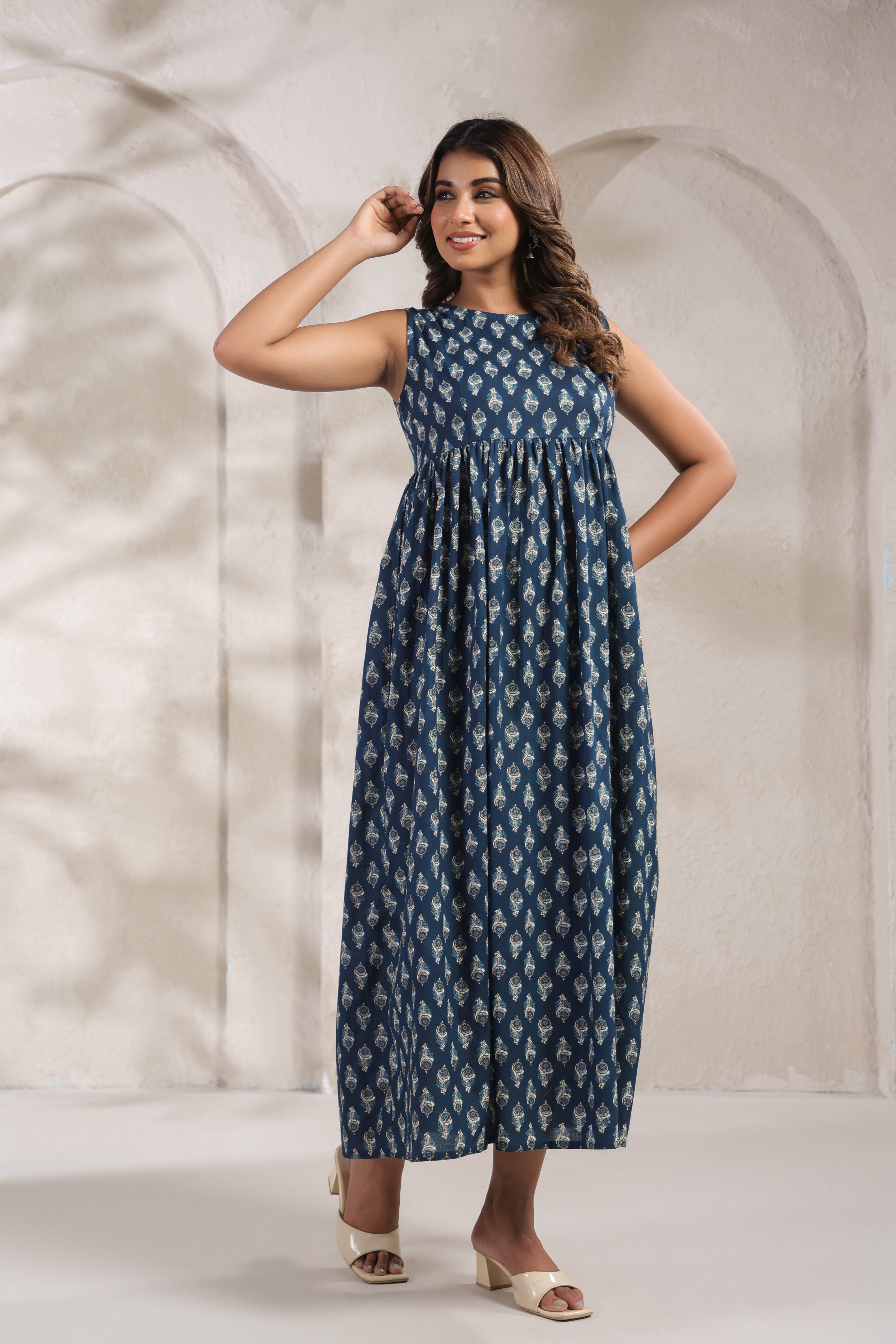 Indigo Blue Printed Cotton Sleeveless Kurti