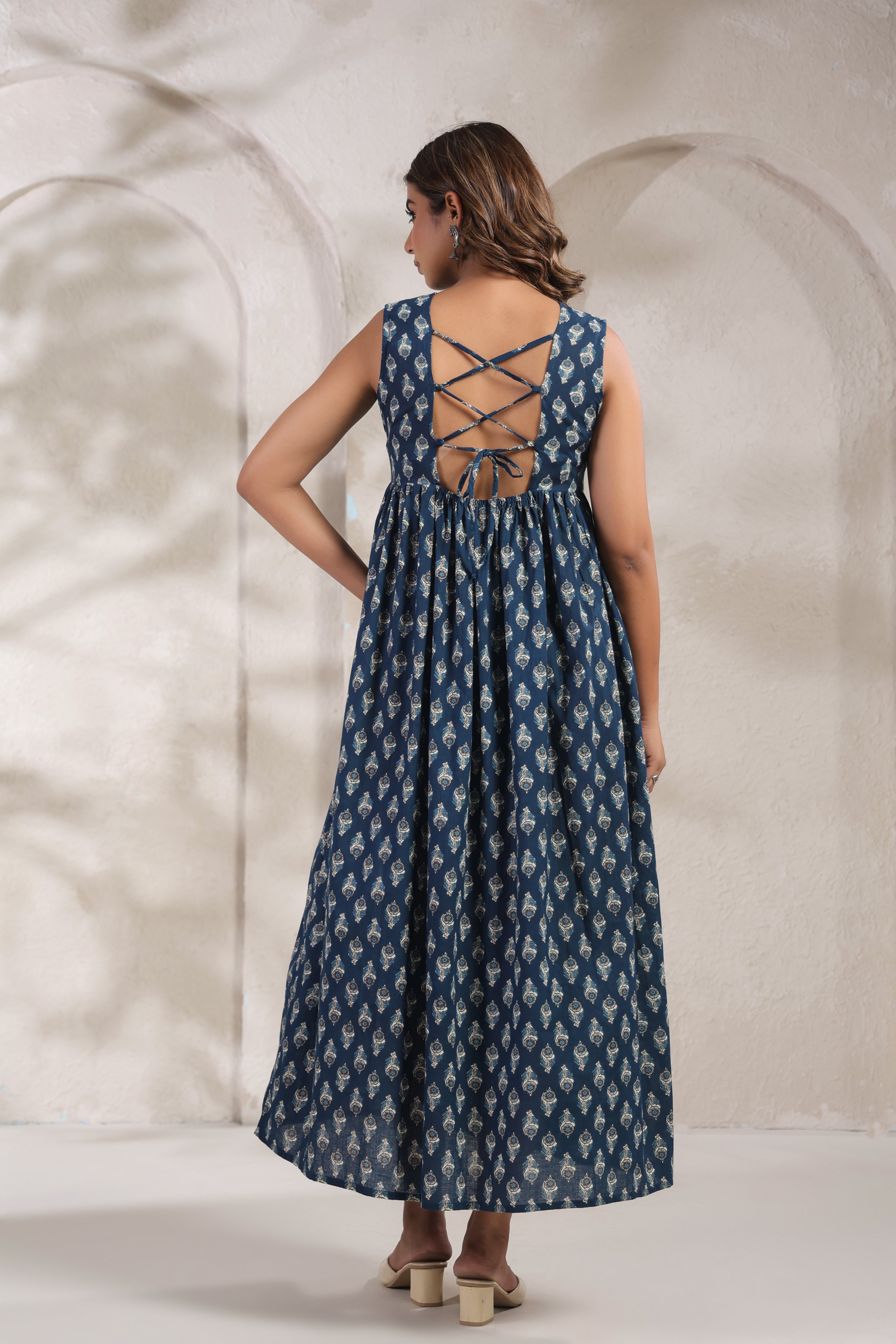 Indigo Blue Printed Cotton Sleeveless Kurti