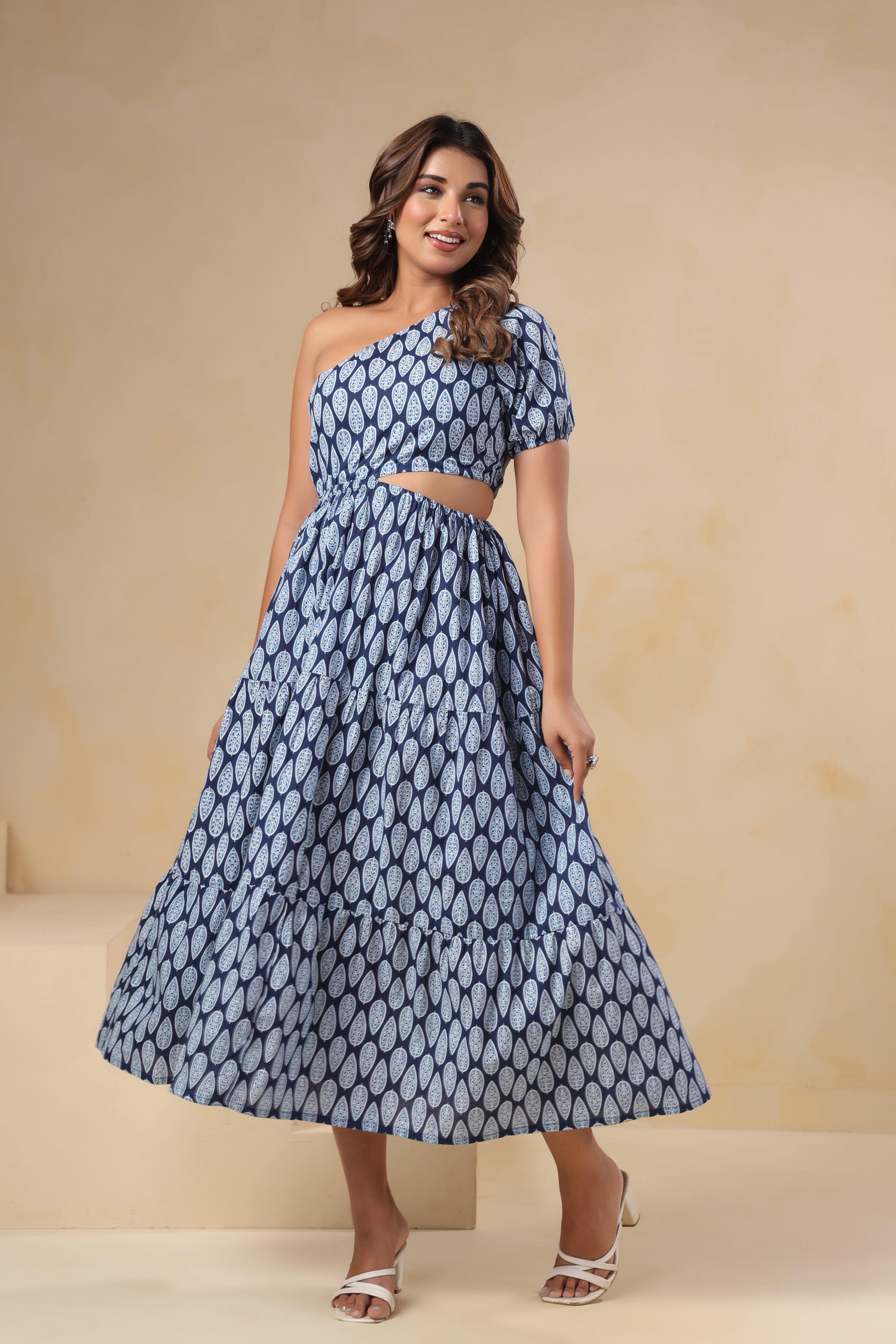 Indigo Blue One-Shoulder Dress with Cut-Out