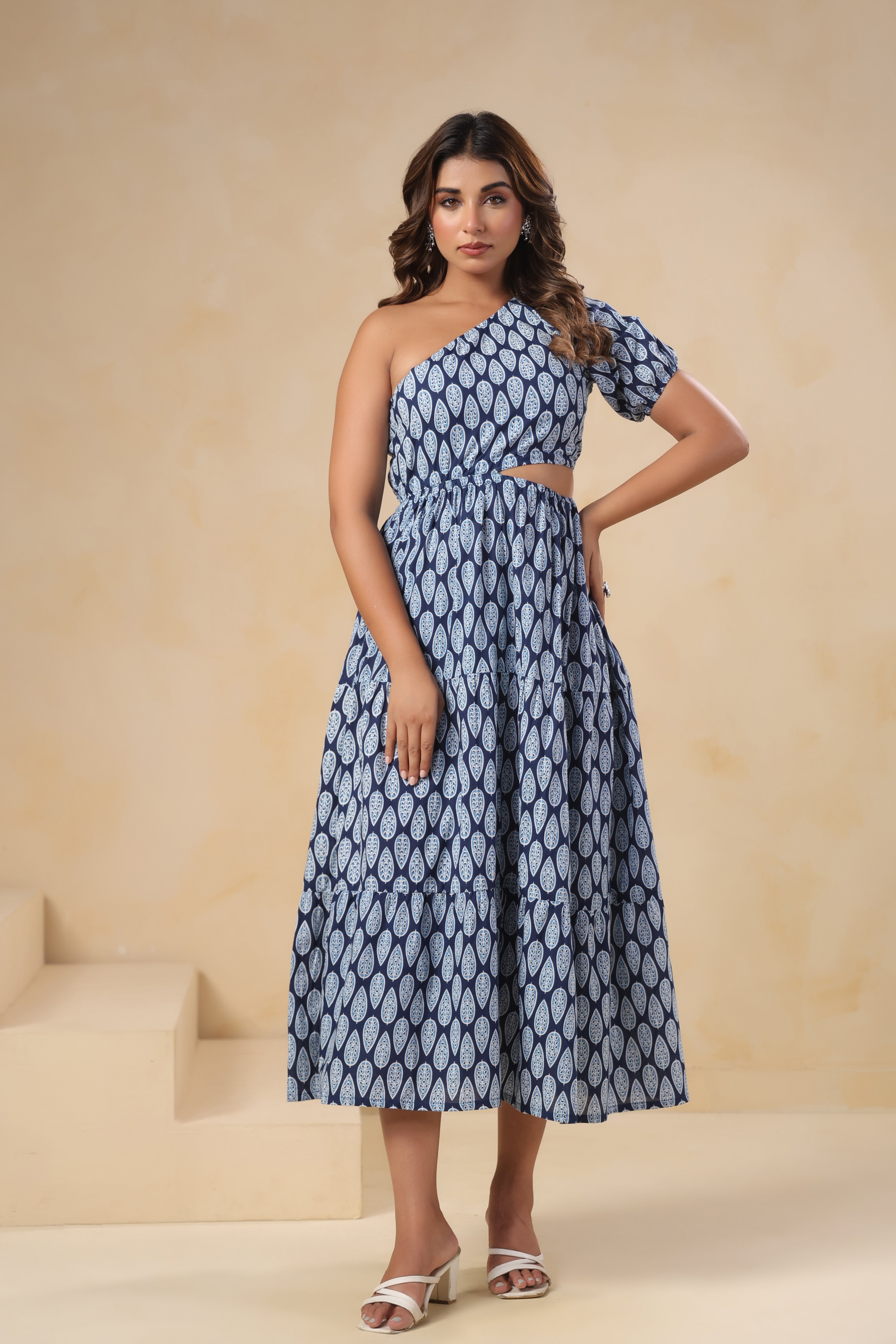 Indigo Blue One-Shoulder Dress with Cut-Out