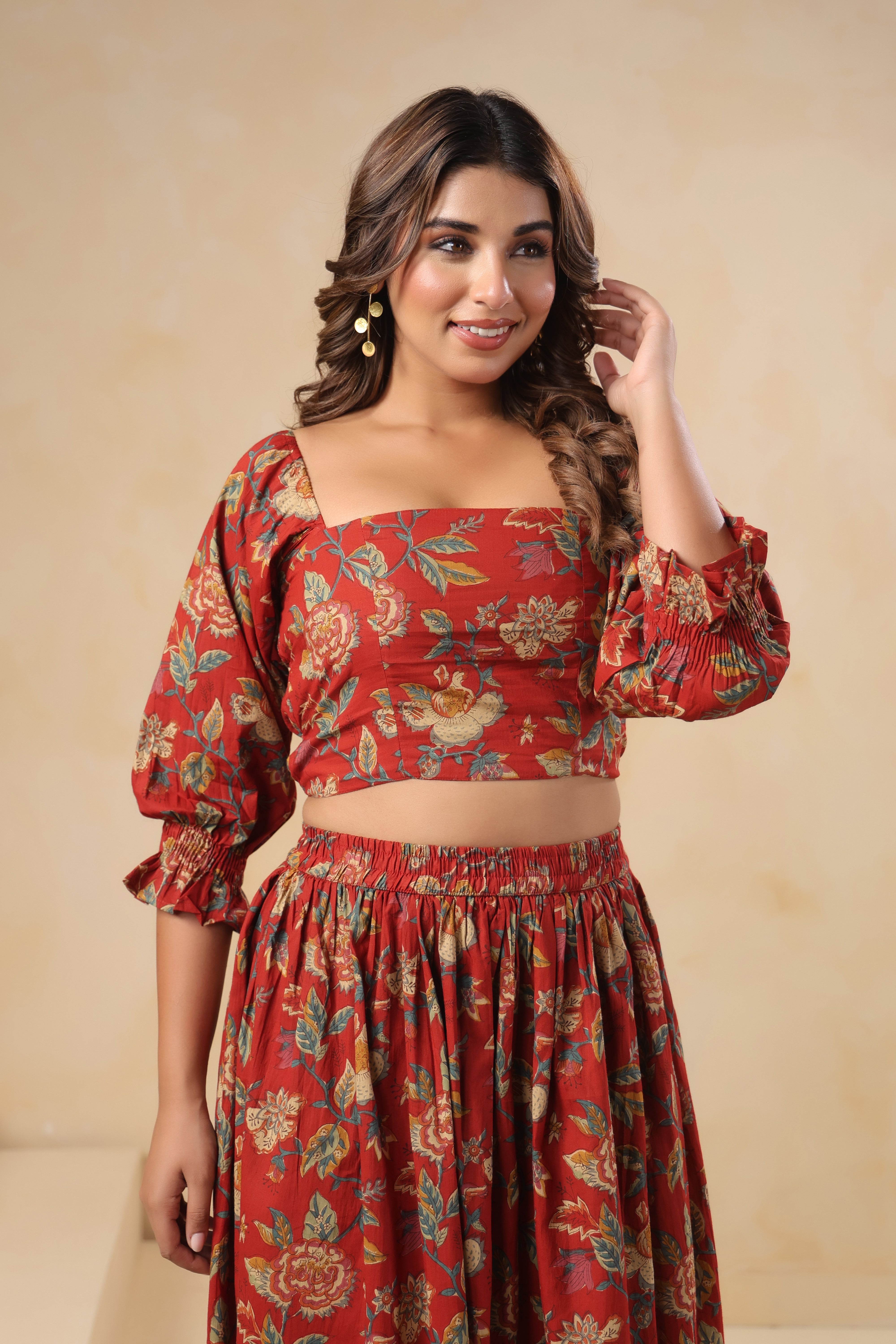 Red Floral Printed Cotton Crop Top & Skirt Set