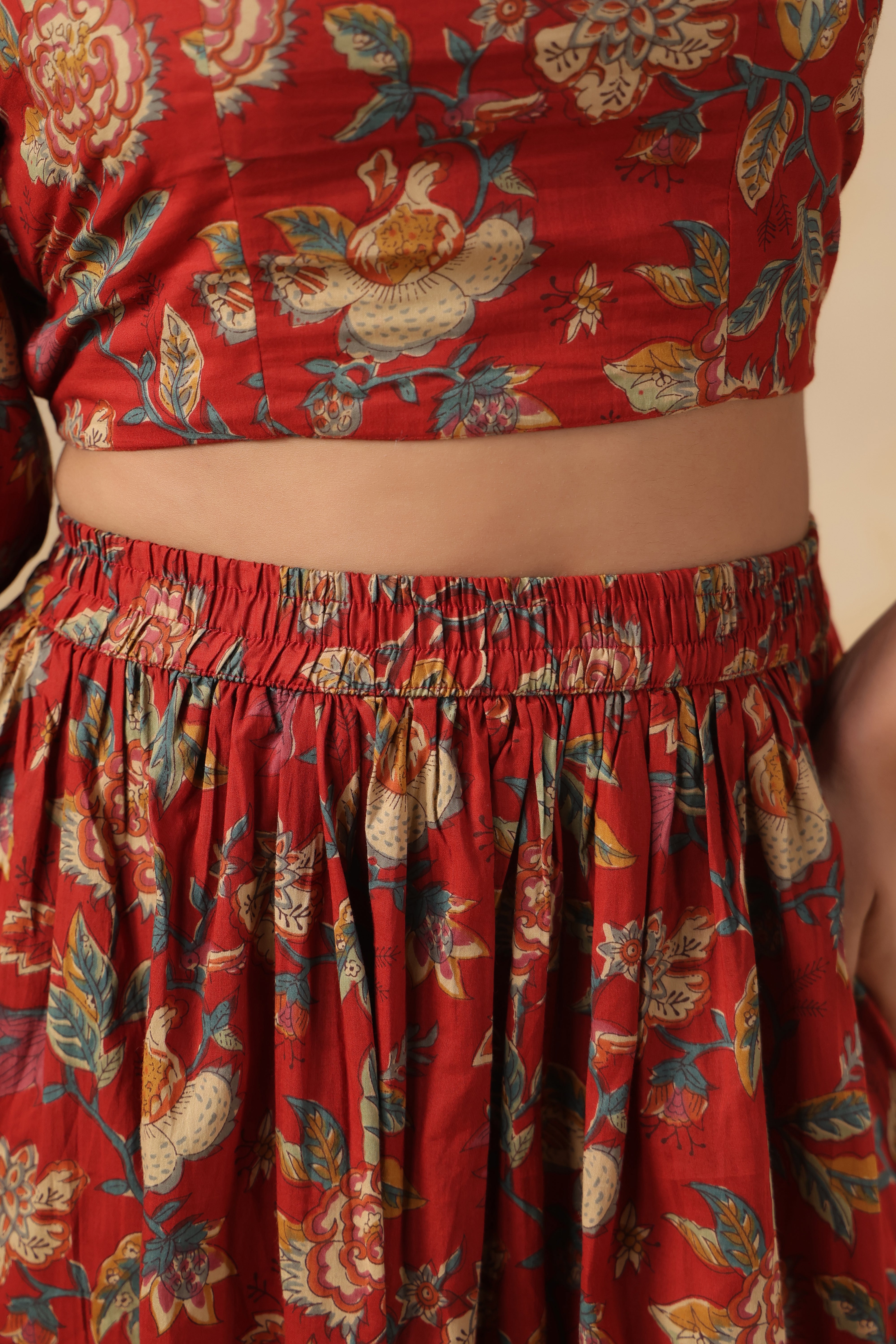 Red Floral Printed Cotton Crop Top & Skirt Set