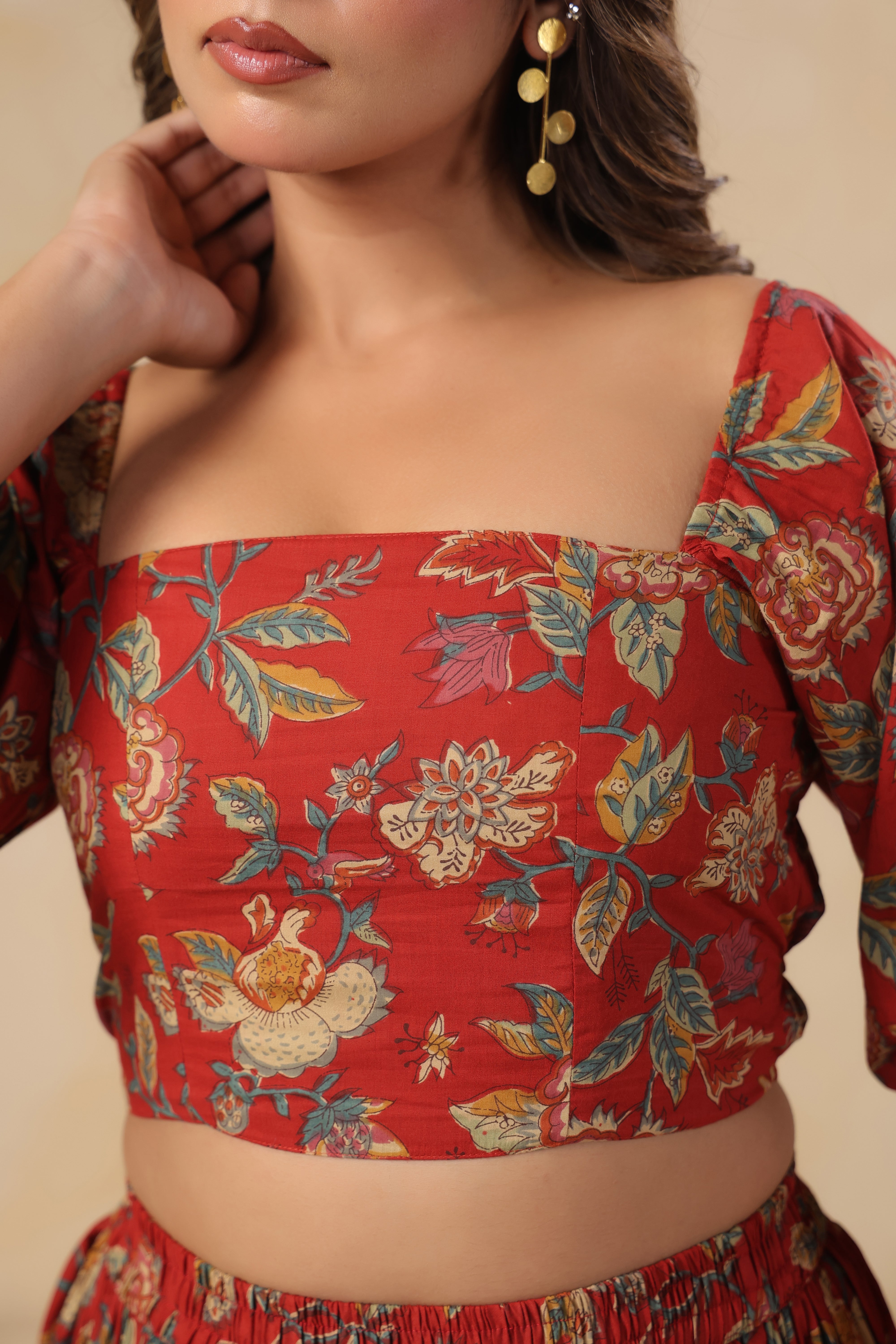 Red Floral Printed Cotton Crop Top & Skirt Set