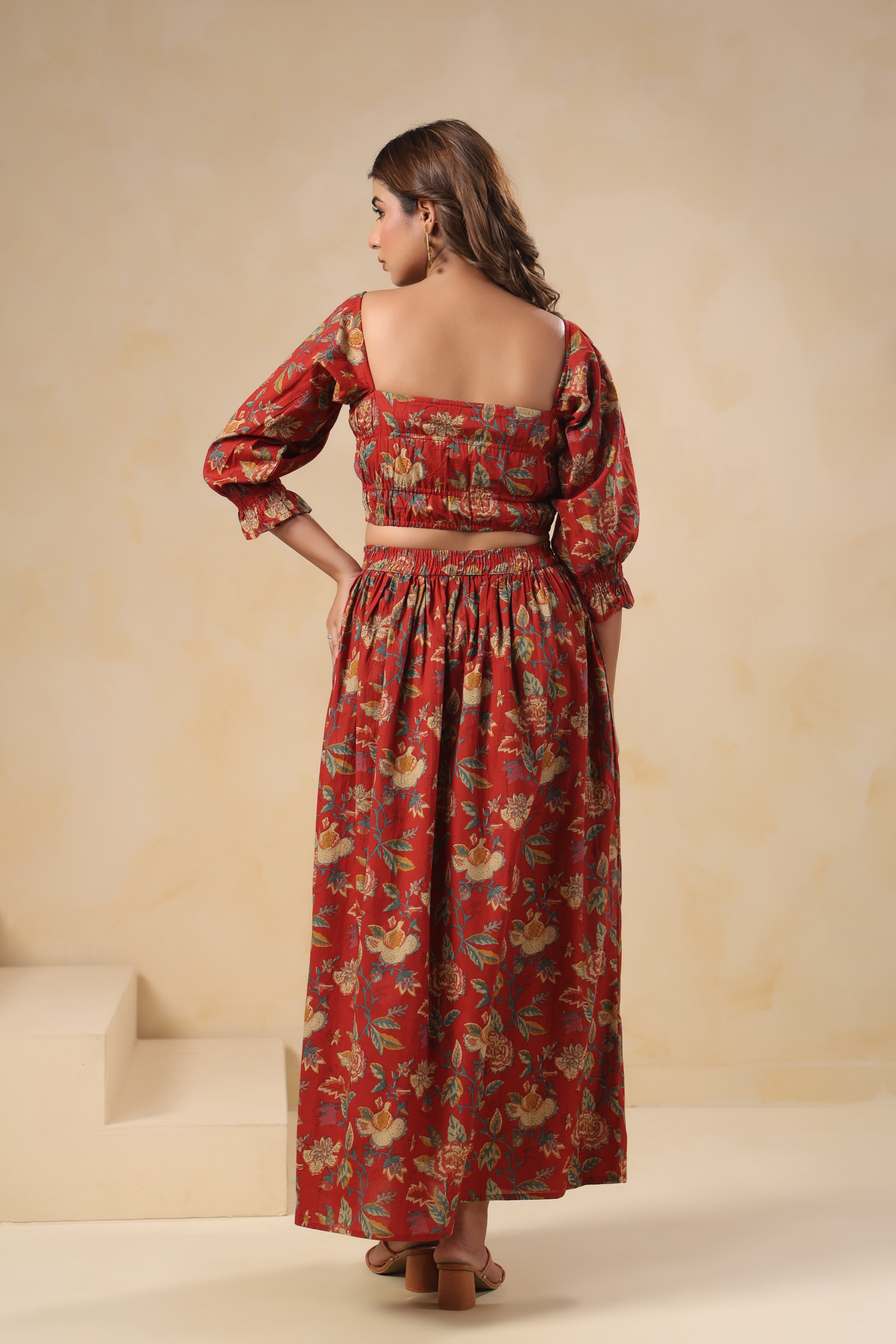 Red Floral Printed Cotton Crop Top & Skirt Set