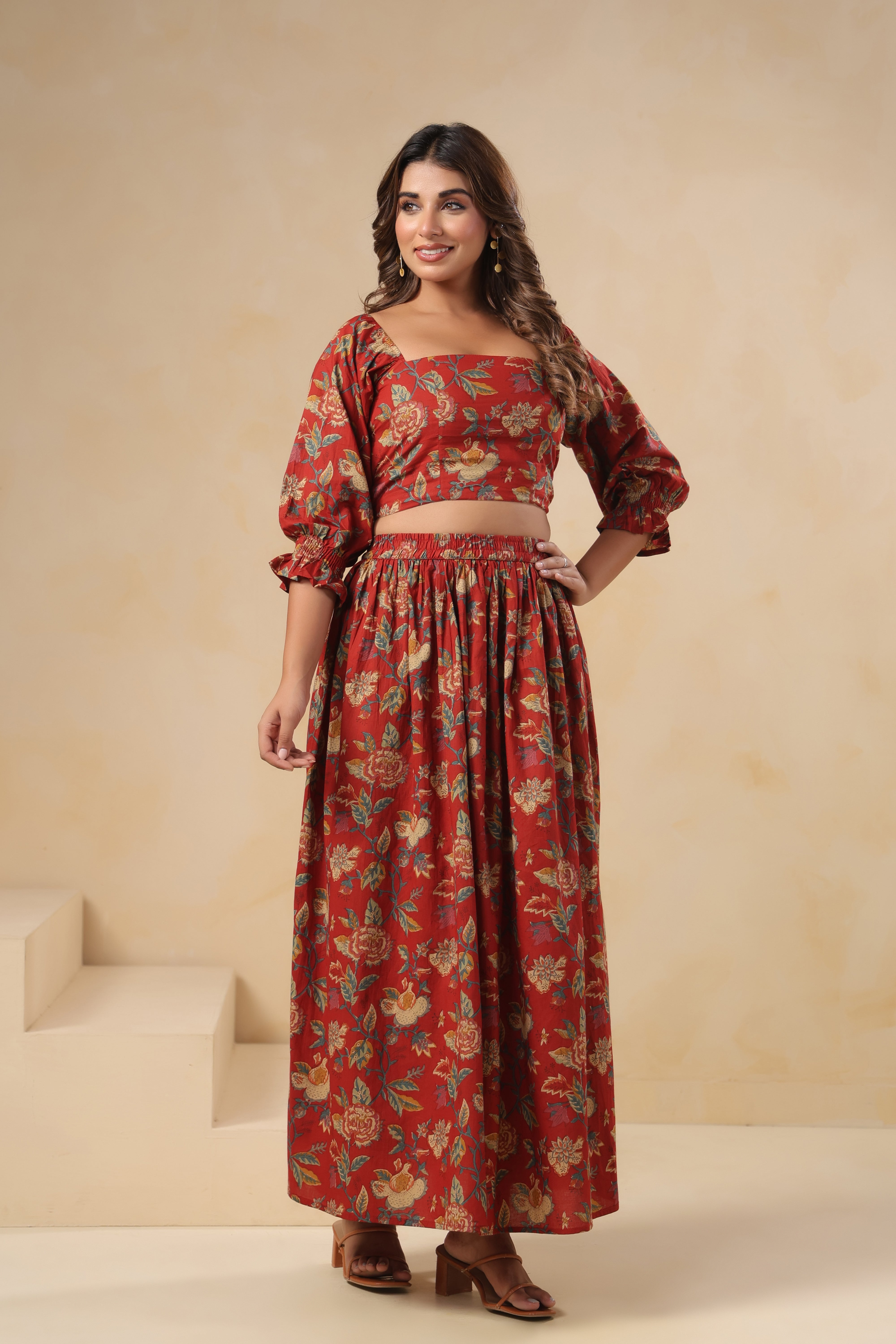 Red Floral Printed Cotton Crop Top & Skirt Set