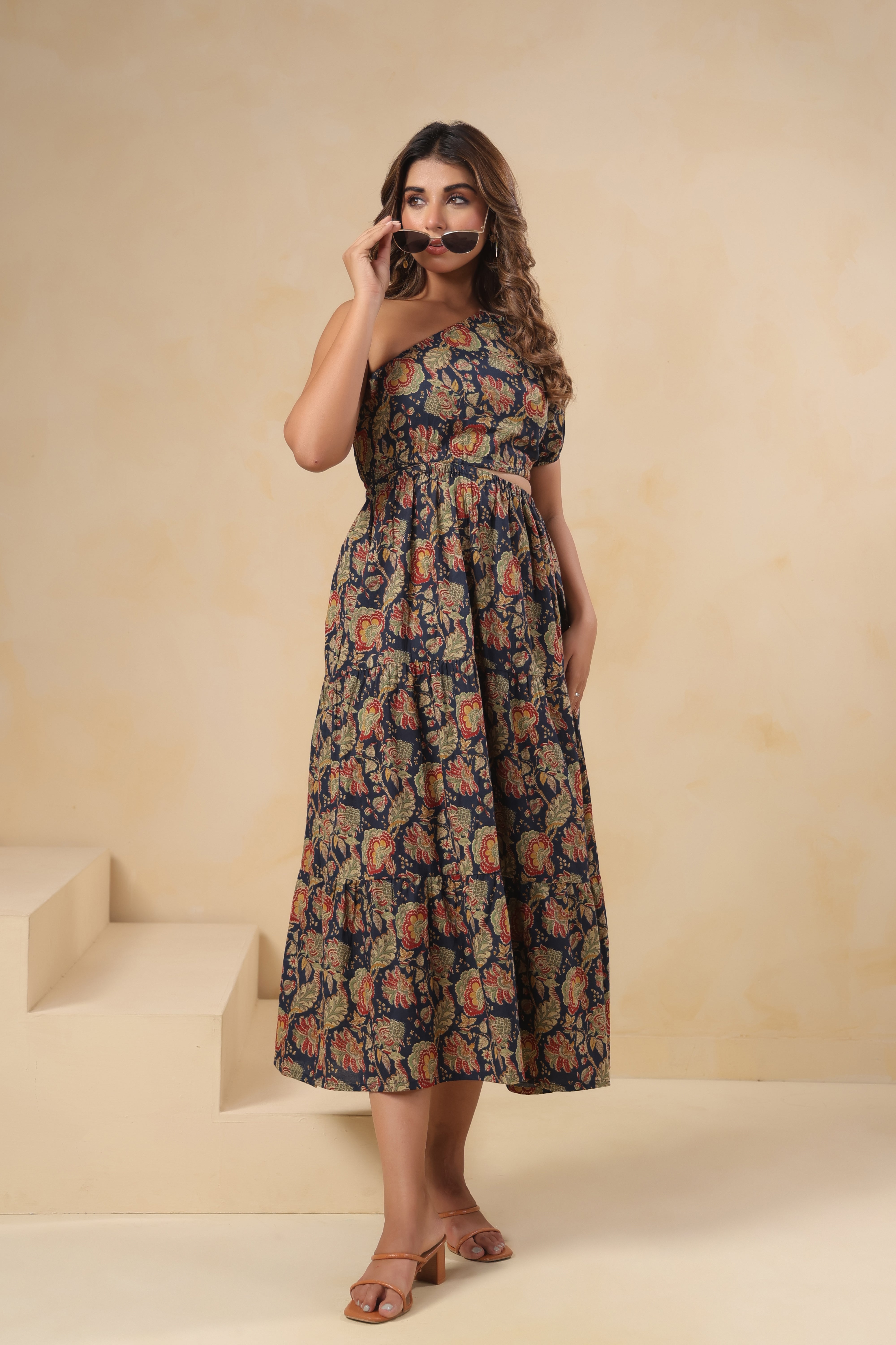 Navy Floral One-Shoulder Tiered Dress
