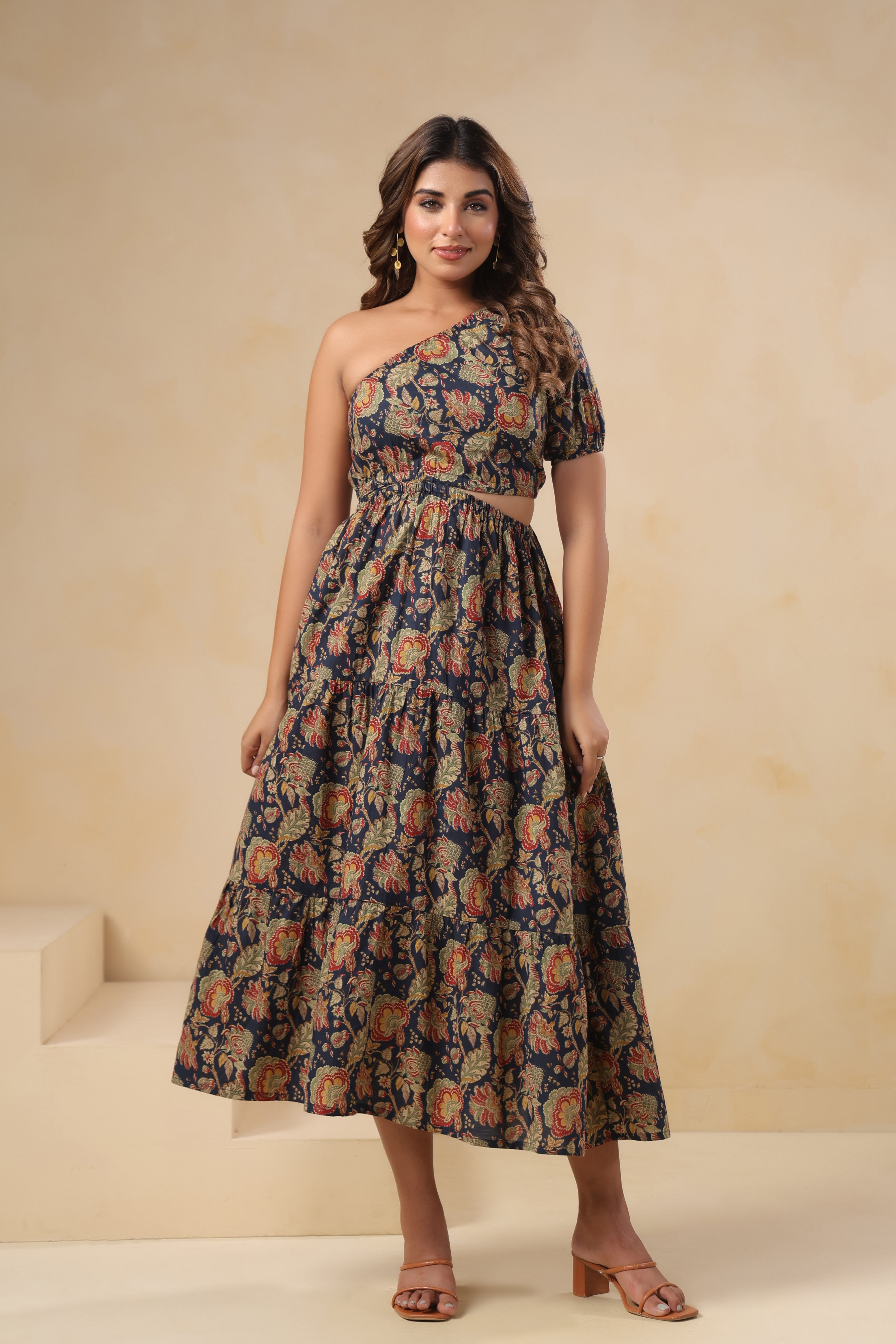 Navy Floral One-Shoulder Tiered Dress