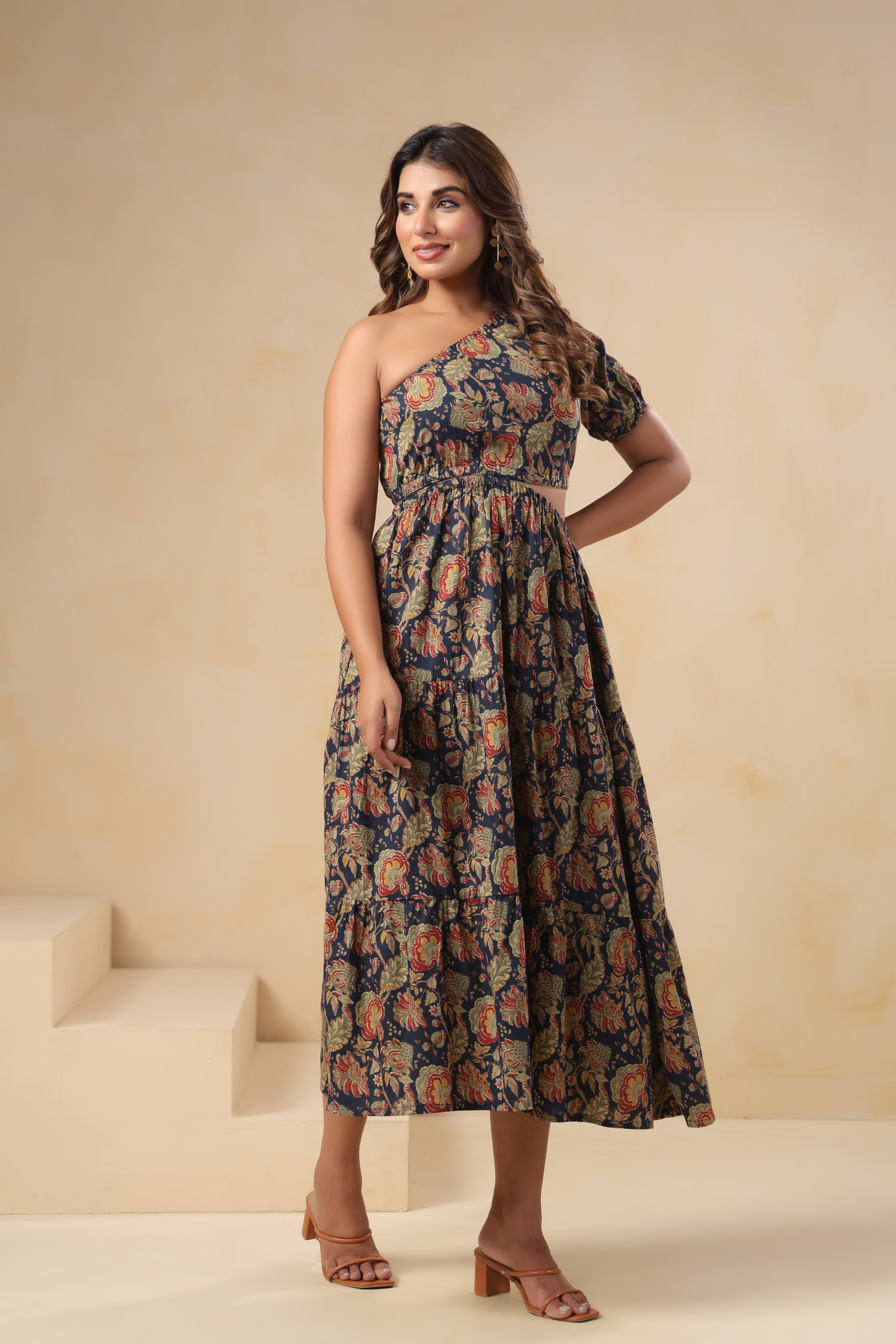 Navy Floral One-Shoulder Tiered Dress