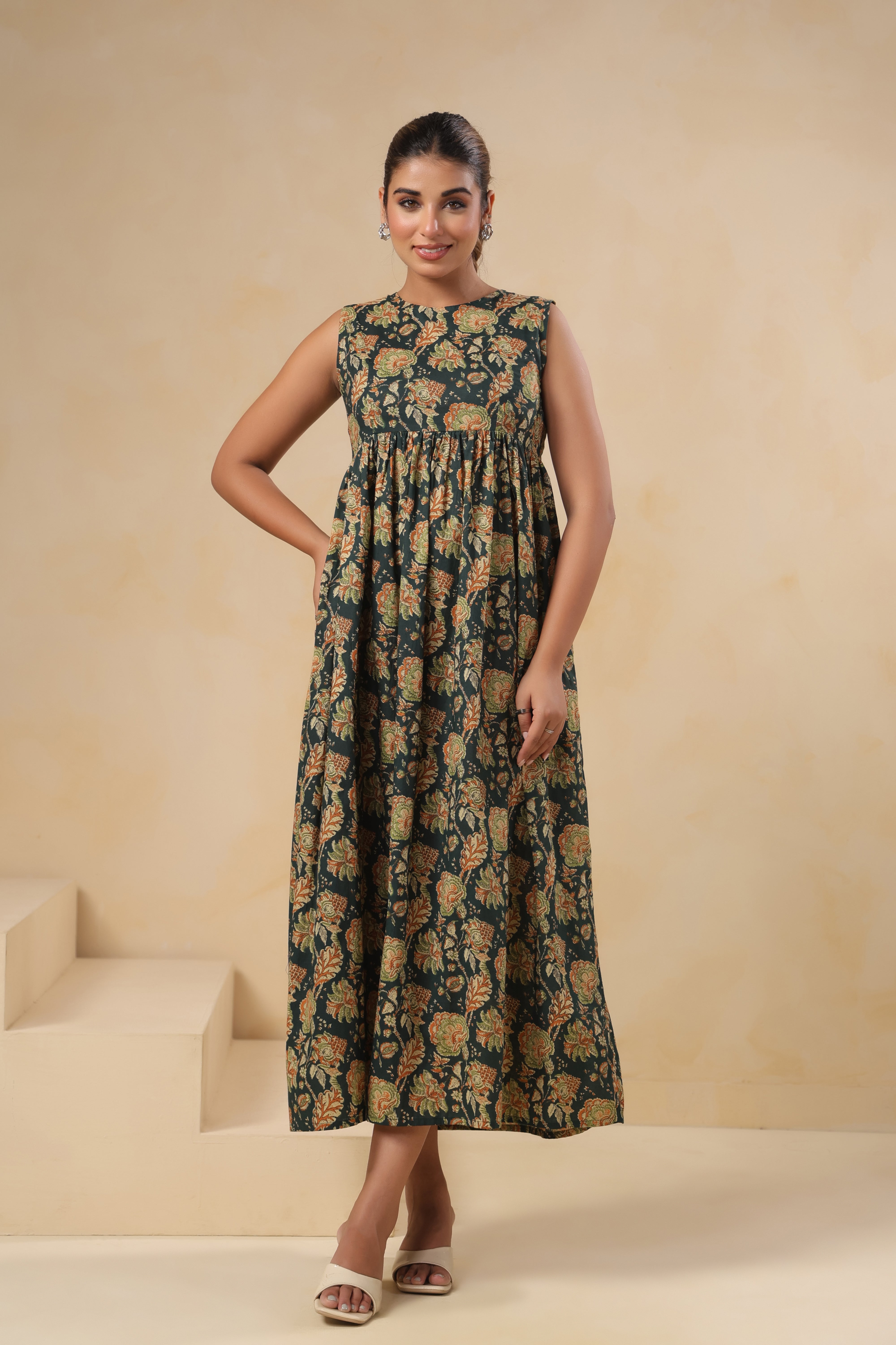 Forest Green Block Print Tiered Midi Dress - Sleeveless Cotton Maxi