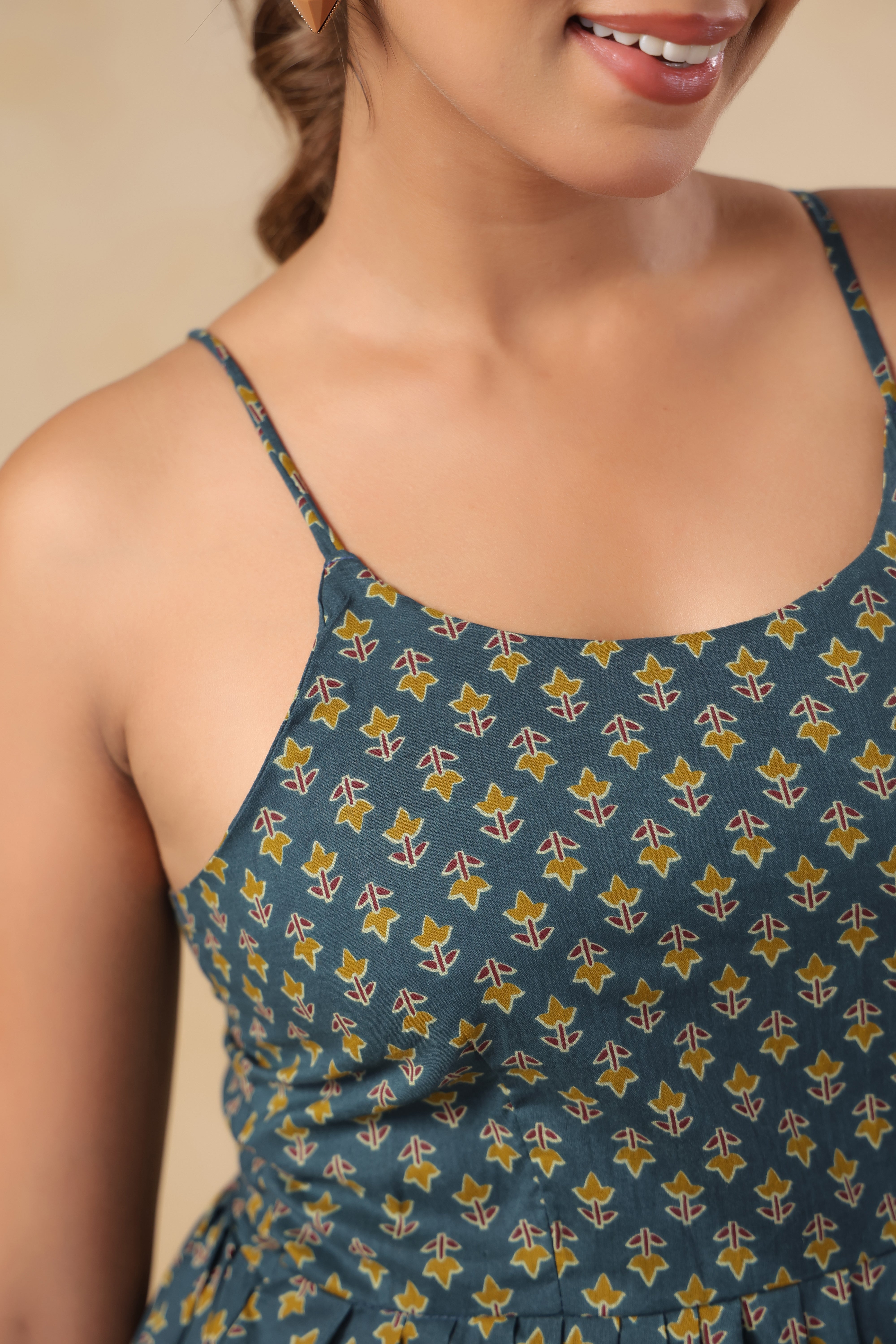 Teal Floral Print Spaghetti Strap Dress