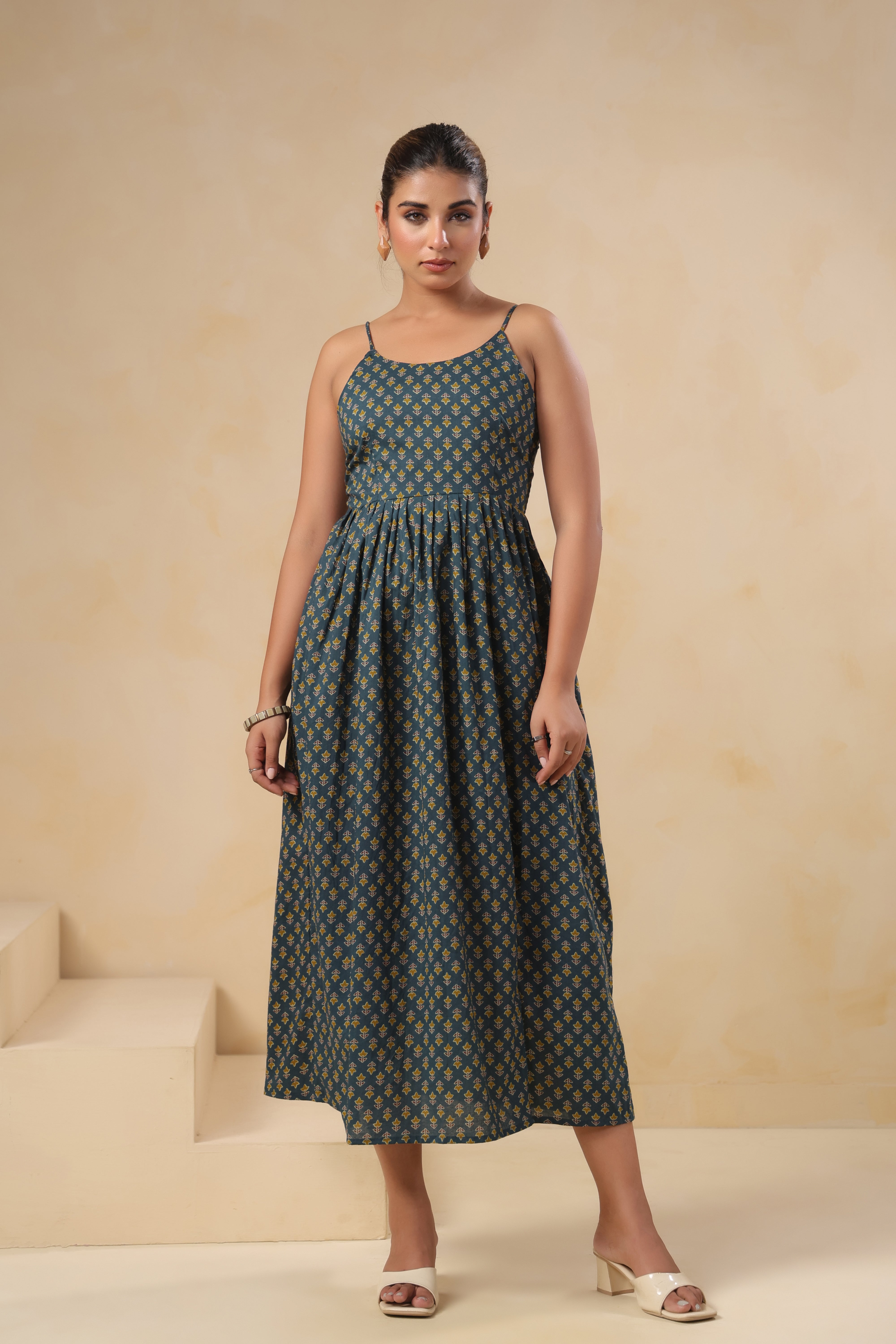 Teal Floral Print Spaghetti Strap Dress