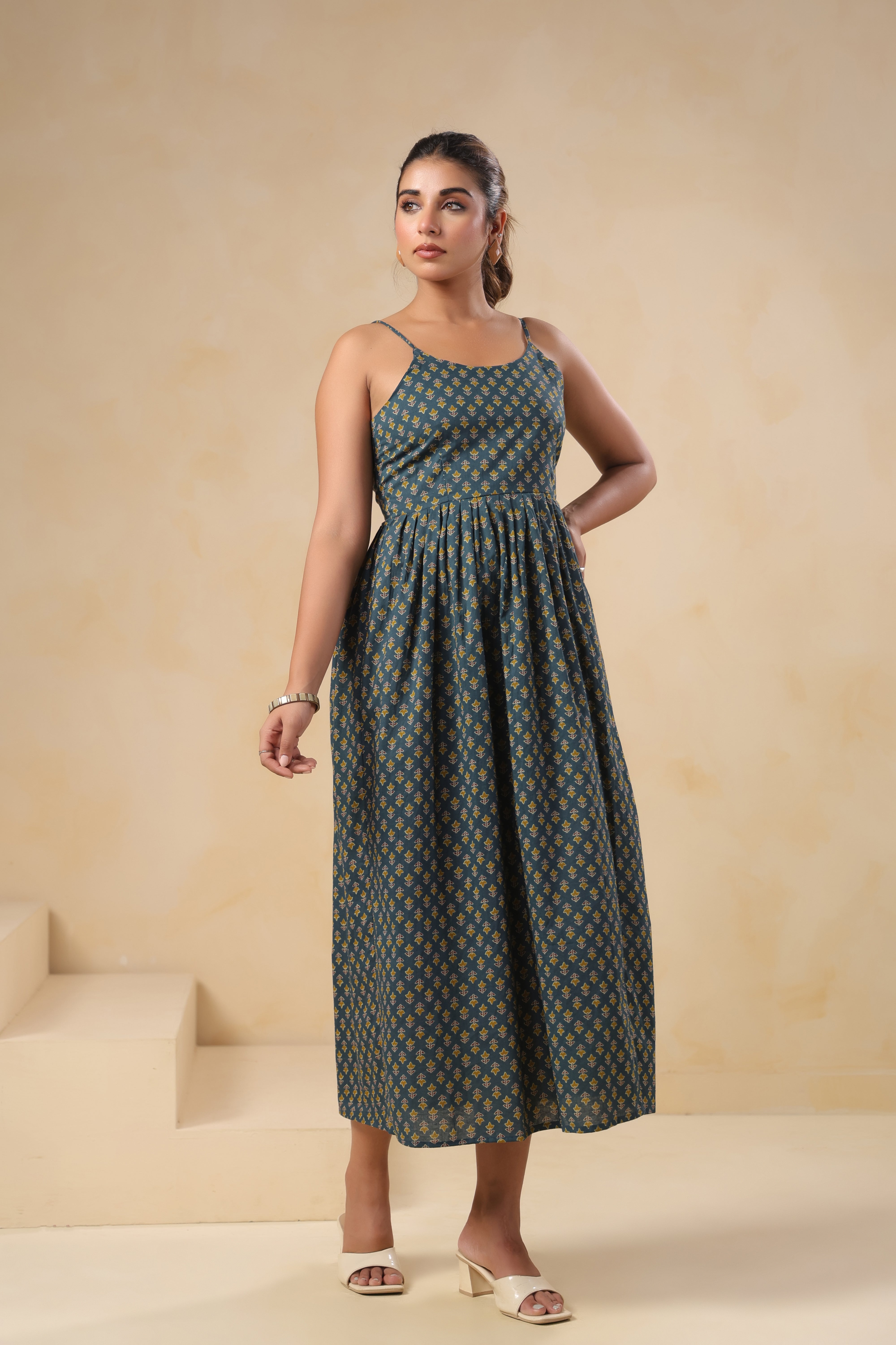 Teal Floral Print Spaghetti Strap Dress