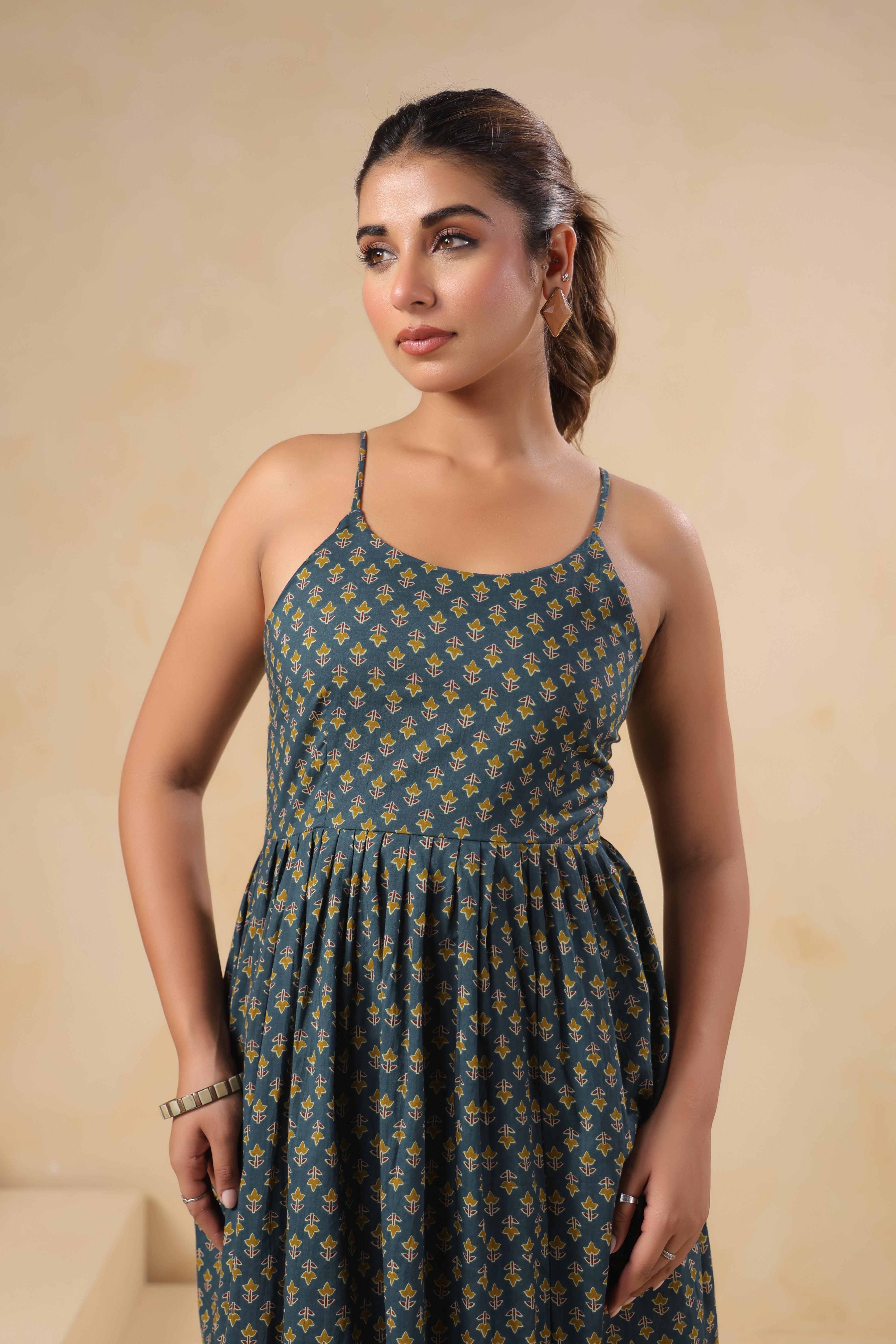 Teal Floral Print Spaghetti Strap Dress