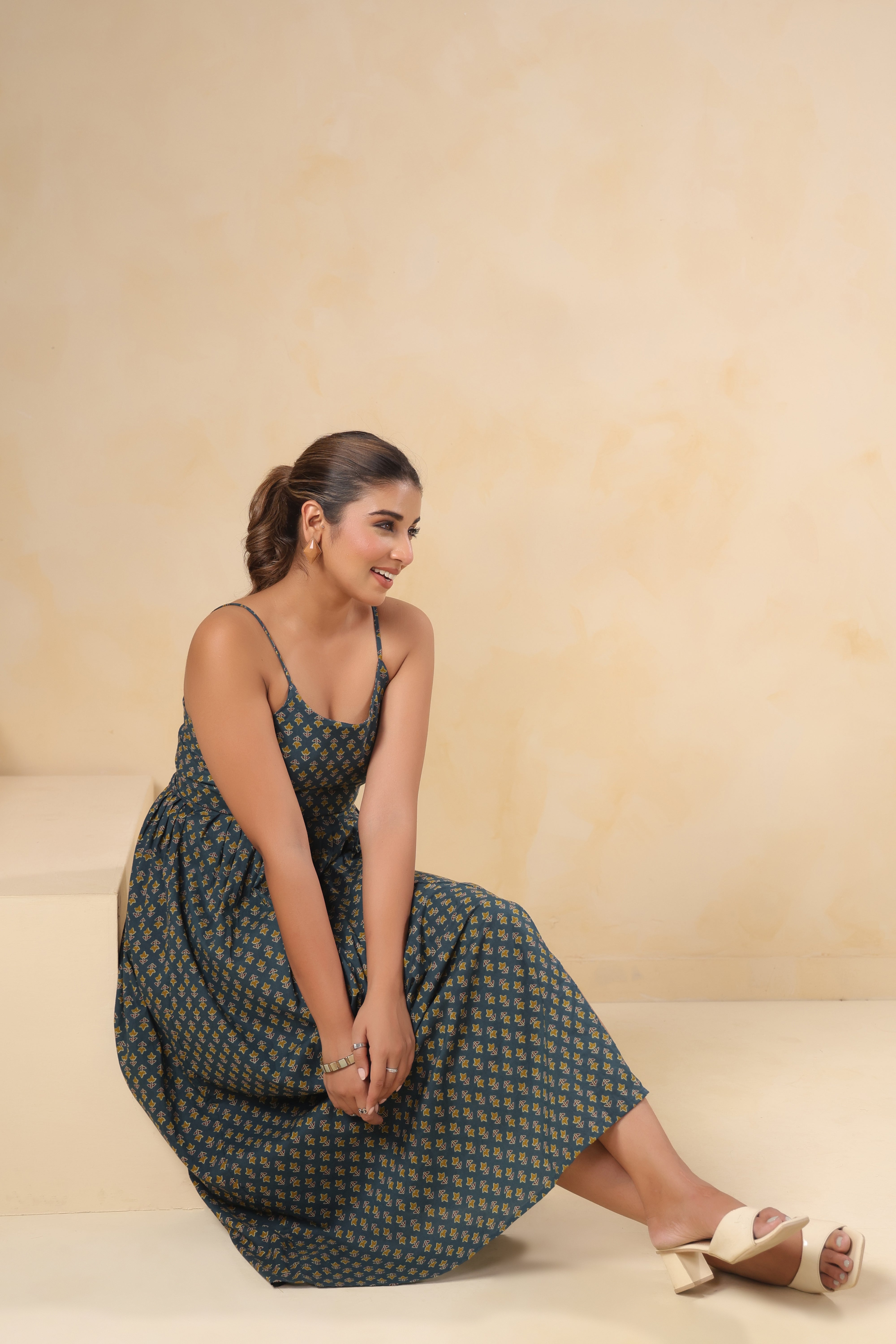 Teal Floral Print Spaghetti Strap Dress