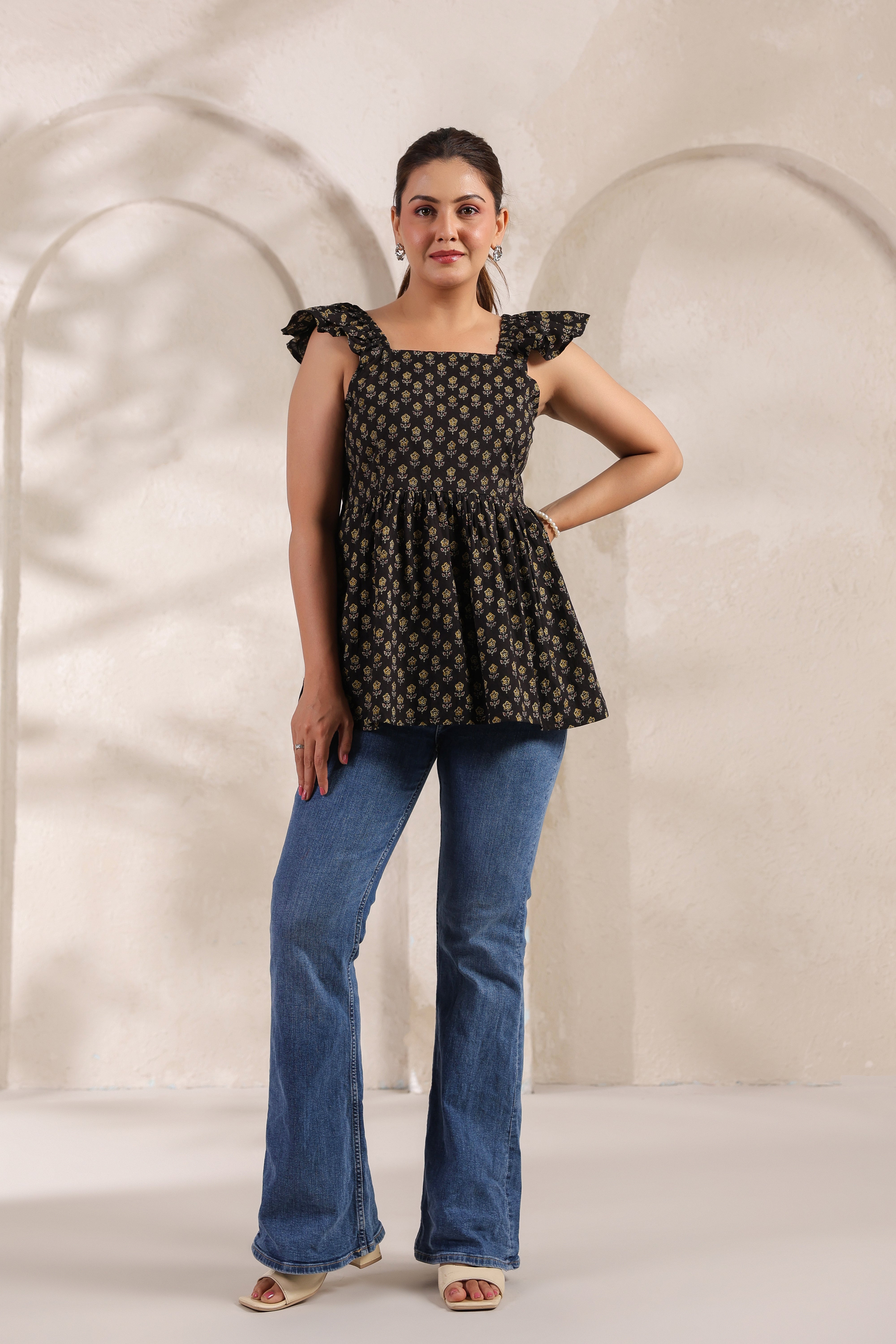 Black & Gold Floral Printed Sleeveless Kurti Top