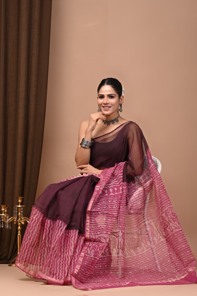 Maroon & Pink Hand Block Print Chanderi Cotton Saree
