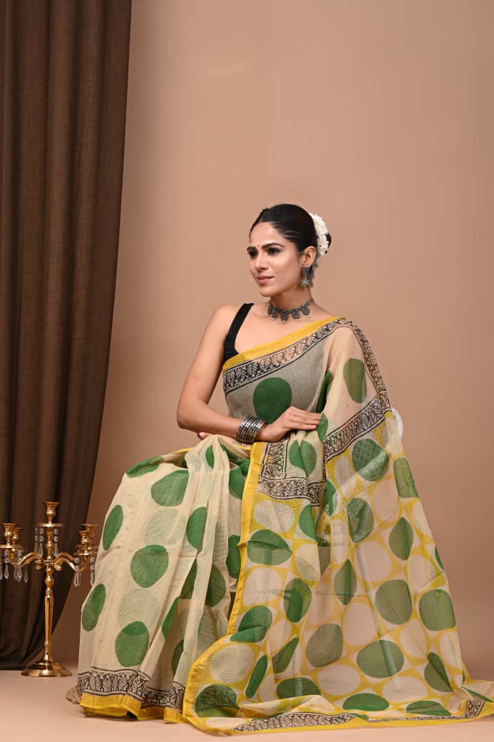 Cream & Green Polka Dot Hand Block Print Chanderi Cotton Saree