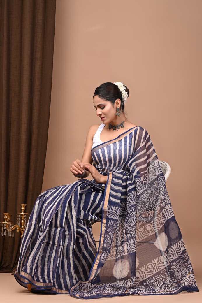 Indigo Blue Striped & Block Print Cotton Saree with Zari Border
