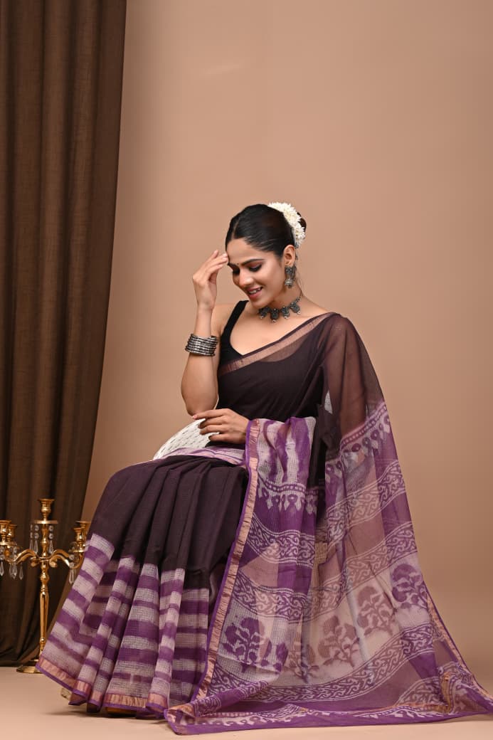 Deep Plum & Purple Handloom Cotton Saree with Block Print Pallu