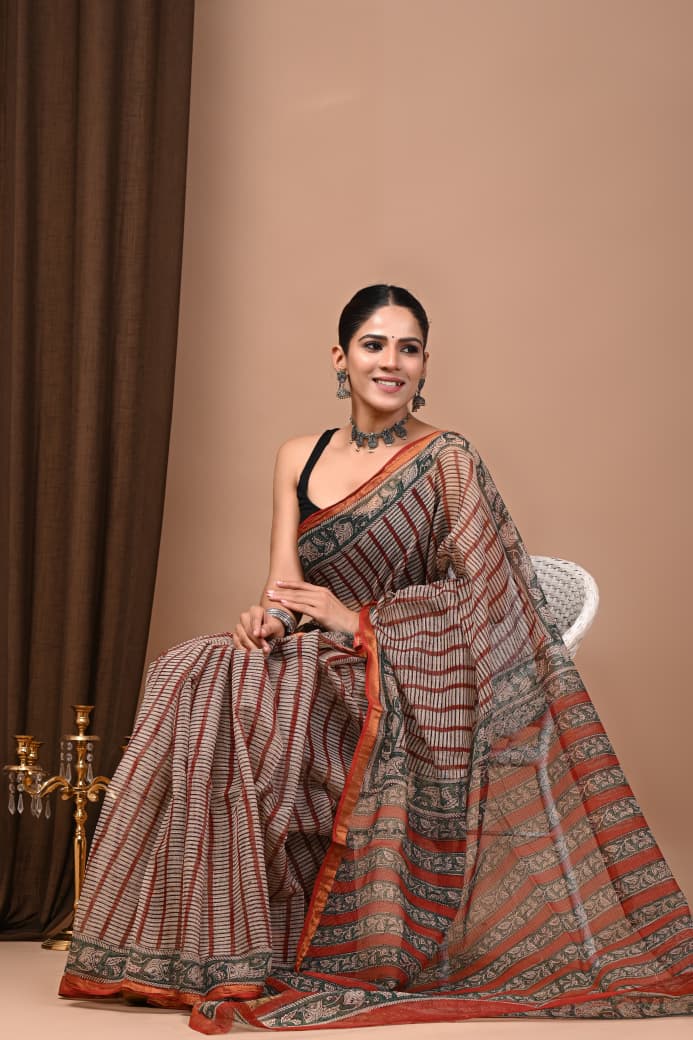 Beige & Rust Red Striped Cotton Saree with Ajrakh Block Print Pallu